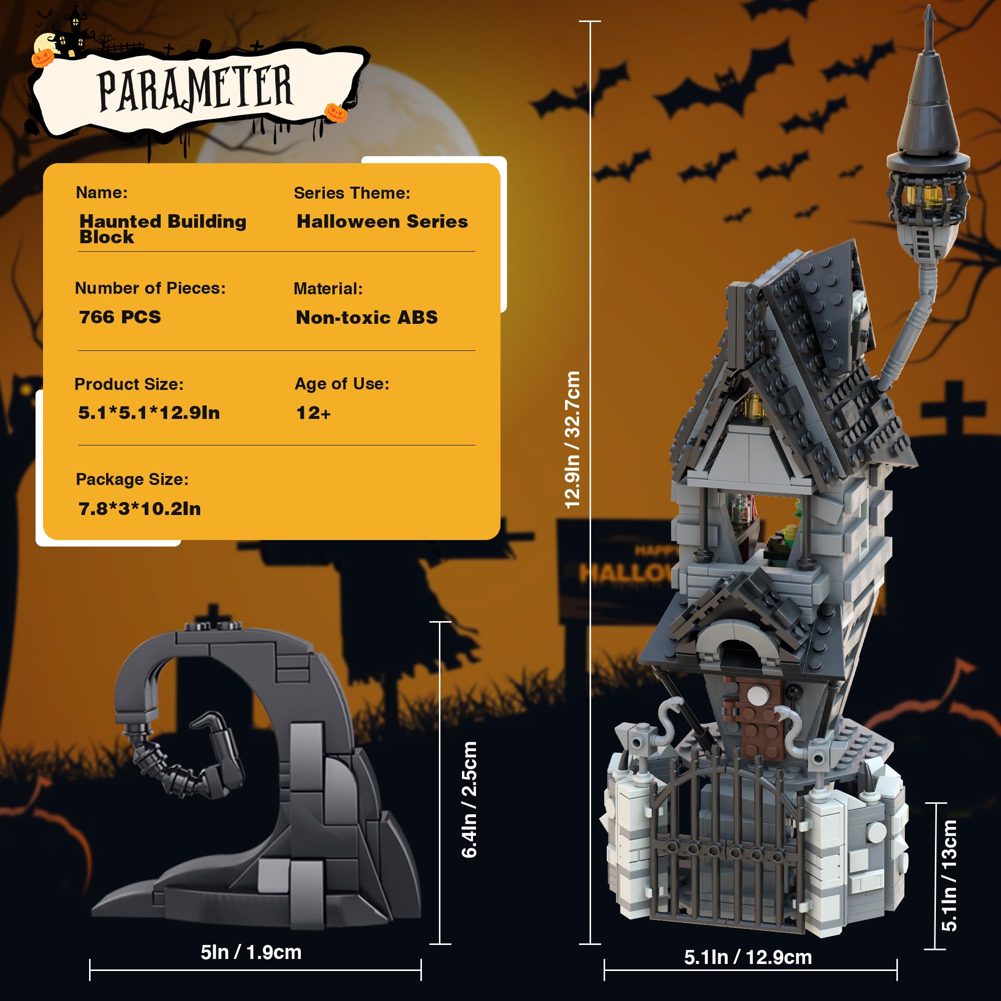 Usoway Haunted Village House Building Blocks Set (766pcs) - Halloween & Christmas LED Light Haunted House Kit with 2 Minifigures, Creative DIY Toy Gift for Kids, Collectors & Movie Fans - Perfect for Holiday Decorations, Birthday Gifts & Horror Movie Display