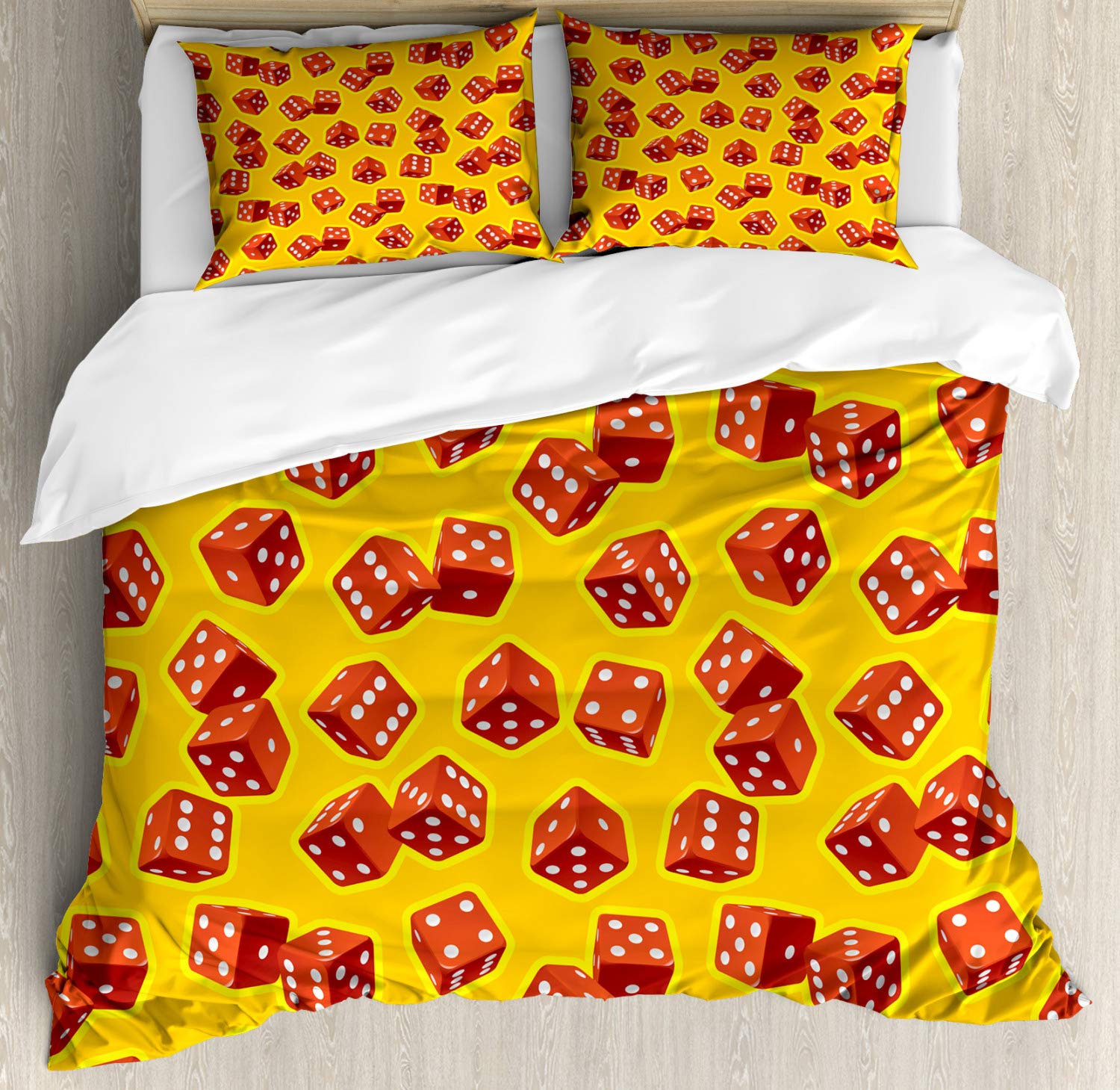 Lunarable Abstract Duvet Cover Set - Realistic Dice Gambling Pattern Geometric Cubes Betting Jackpot Design - 2 Pack King Size Bedding Set with 2 Duvet Covers & 4 Pillowcases in Cinnamon Marigold White - Perfect for Casino Themed Bedrooms, Game Rooms, or Unique Home Decor