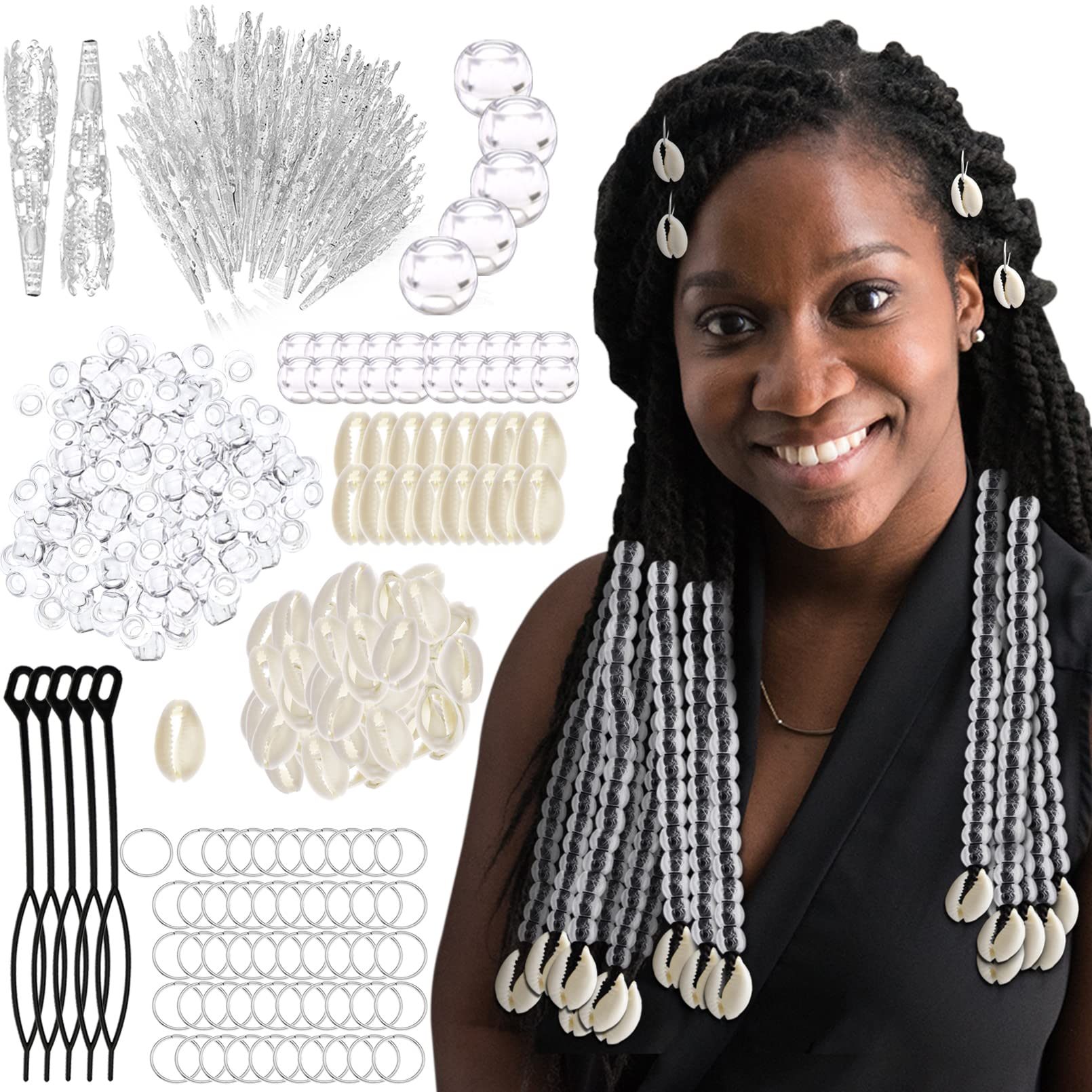 455 Pcs Clear Beads Dreadlocks Accessories for Women - Silver Metal Clips & Shell Pendants for Cornrow Braids & Locs Hair Jewelry | Perfect for Boho, Festival & Everyday Hair Decoration