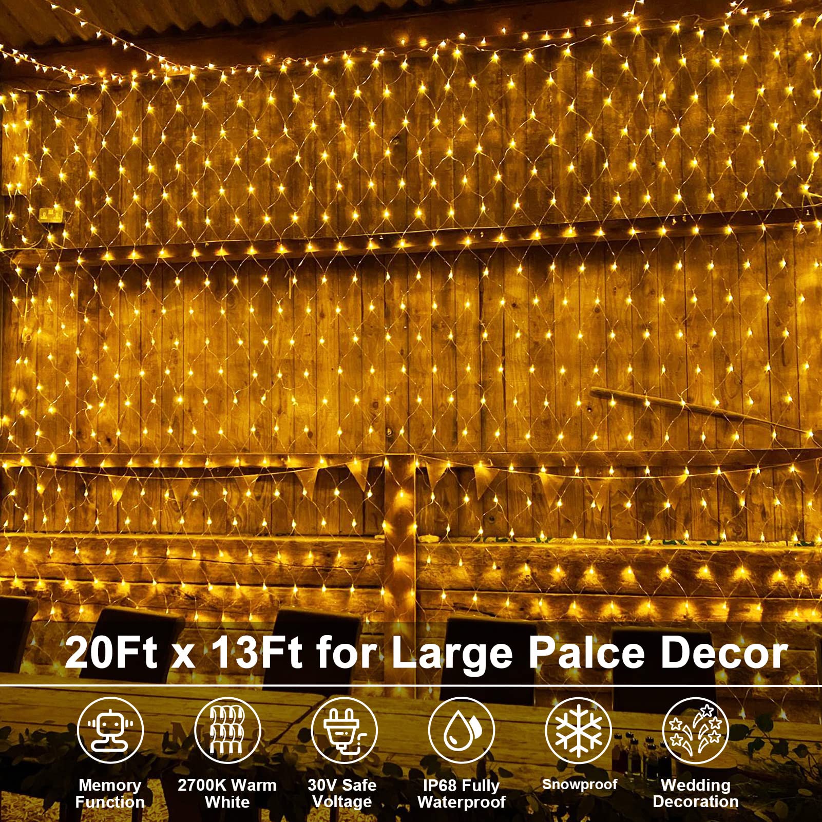 720 LED Outdoor Net Lights - 20Ft x 13Ft IP68 Waterproof Mesh Lights for Christmas, Garden, Backyard, Wall & Bush Decor (Warm White) | Perfect for Holiday Parties, Landscape Lighting & Festive Atmosphere Creation