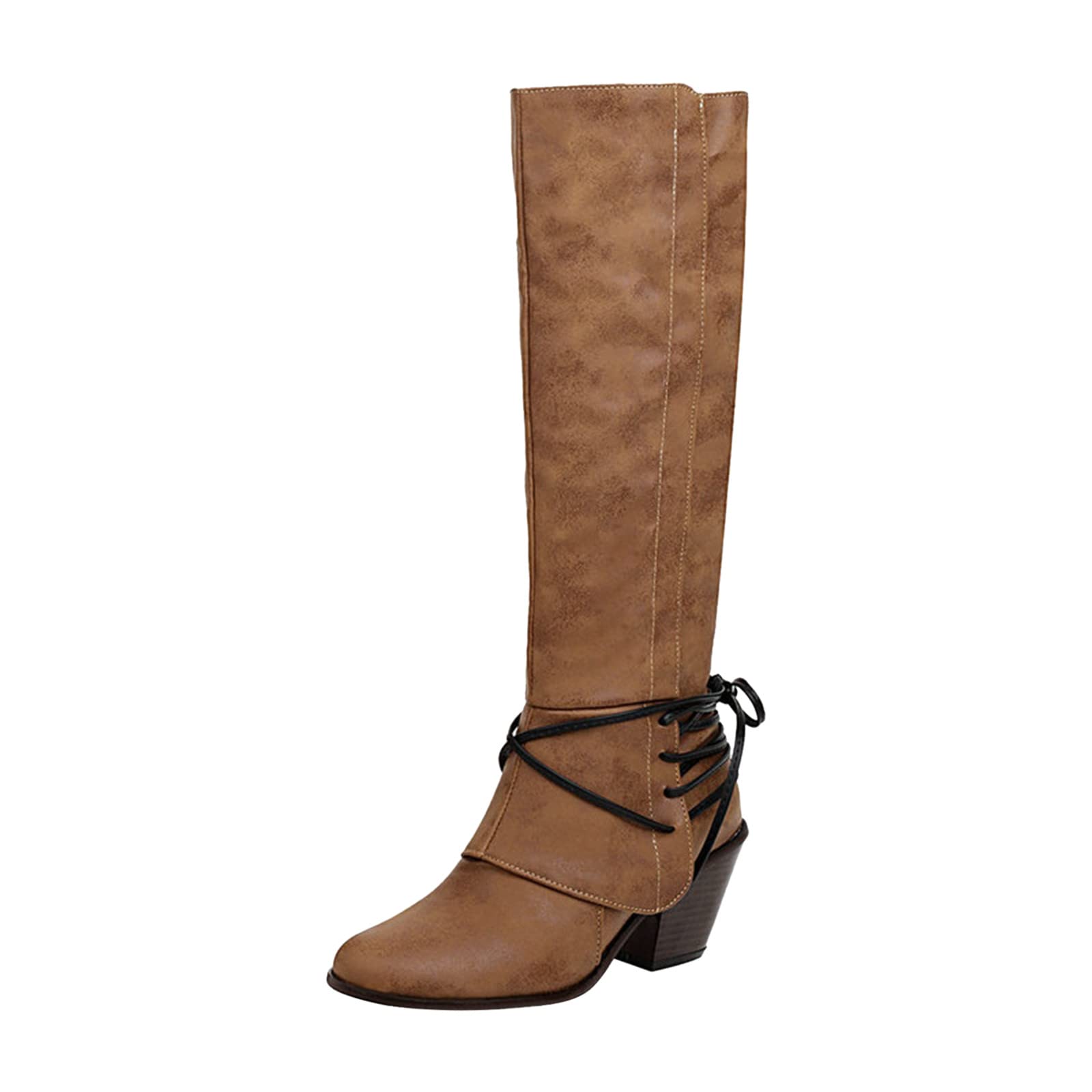 FFENYAN Women's Retro Long Tube Boots - Pointed Toe Lace-Up Leather Knight Boots with High Heel for Winter Warmth | Perfect for Office, Party & Night Out Fashion