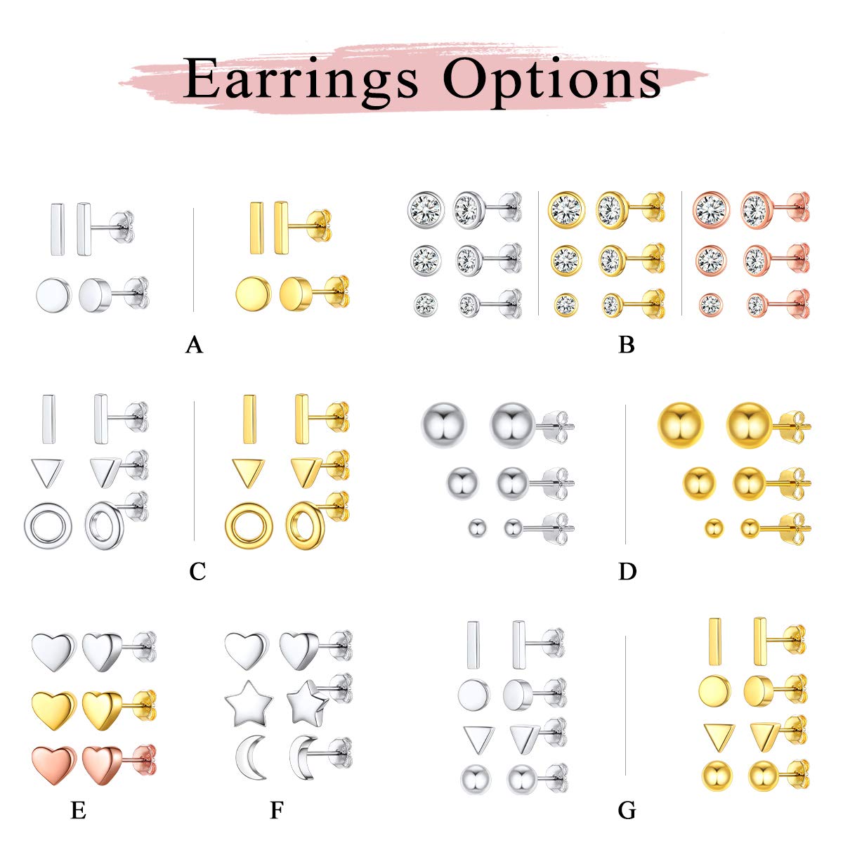 ChicSilver 925 Sterling Silver Stud Earrings for Women - Heart, Moon & Star Dainty Tiny Earring Studs Set | Hypoallergenic Jewelry for Sensitive Ears | Perfect for Everyday Wear, Gift Giving & Special Occasions (3 Pairs)