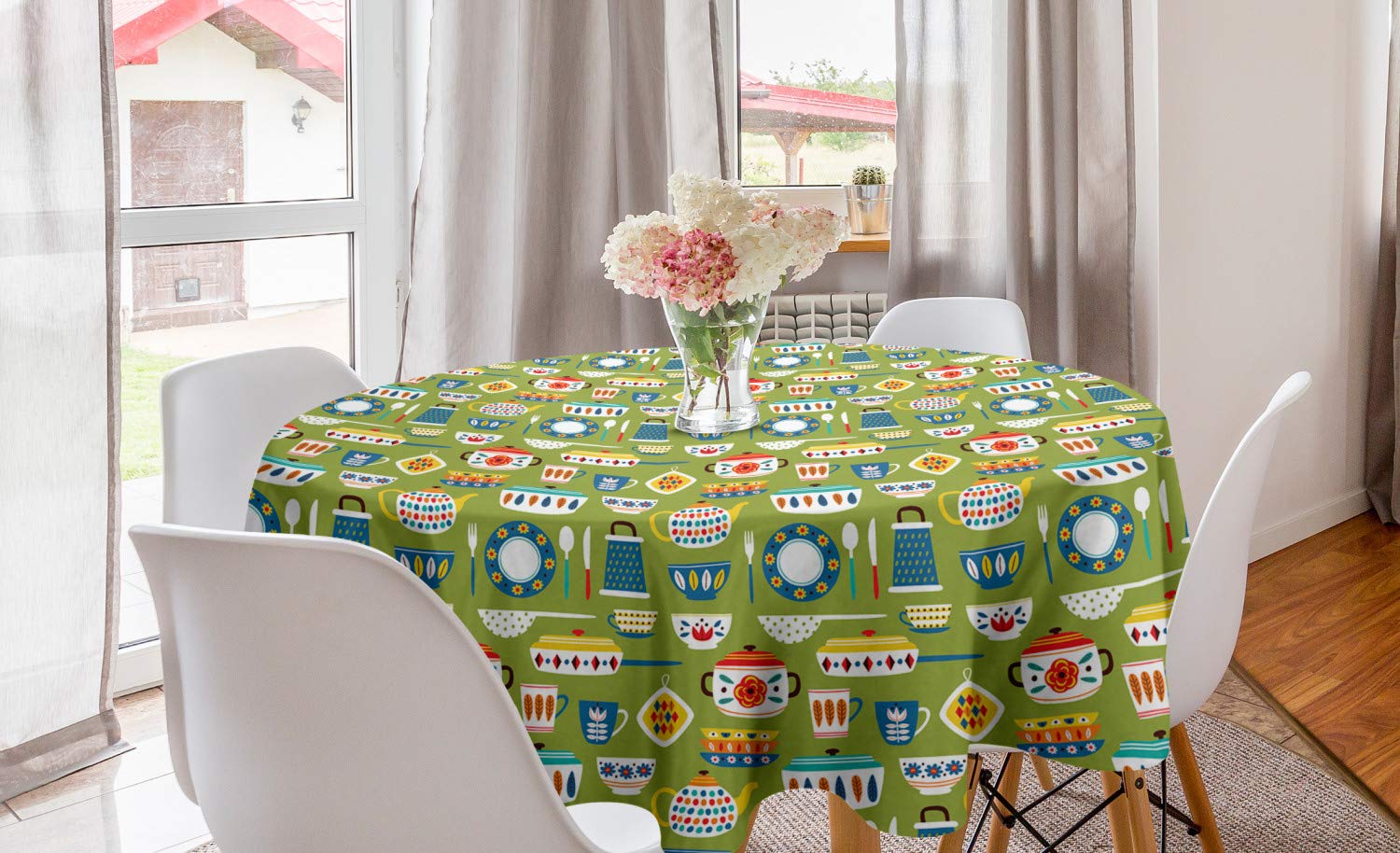 Ambesonne Vintage Tea Party Round Tablecloth - 60 Inch Olive Green Circle Table Cover with Teapots & Cooking Pots Design for Dining Room & Kitchen Decor | Perfect for Afternoon Tea, Brunch, and Special Occasions