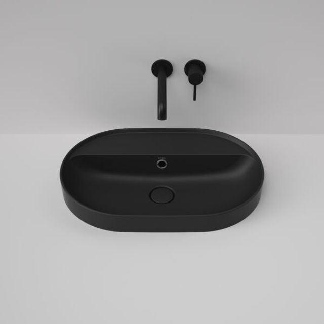 Caroma Liano II 600mm Modern Pill Inset Basin with Tap Landing (0 Tap Hole) - Matte Black with Overflow | Bathroom Sink for Contemporary Vanity & Powder Room Design