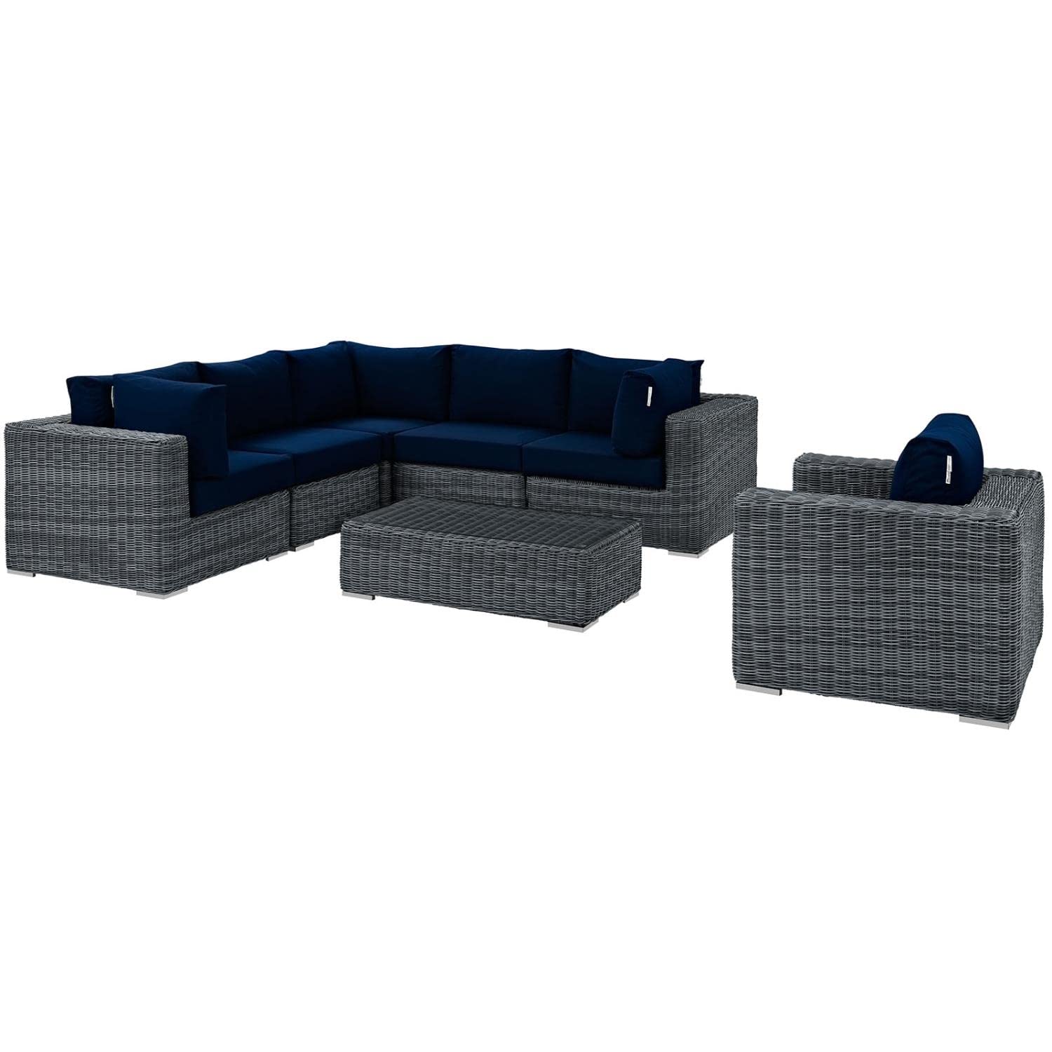Modway Summon 7-Piece Outdoor Patio Sectional Sofa Set with Sunbrella Cushions in Navy Canvas - Perfect for Backyard, Poolside & Garden Relaxation