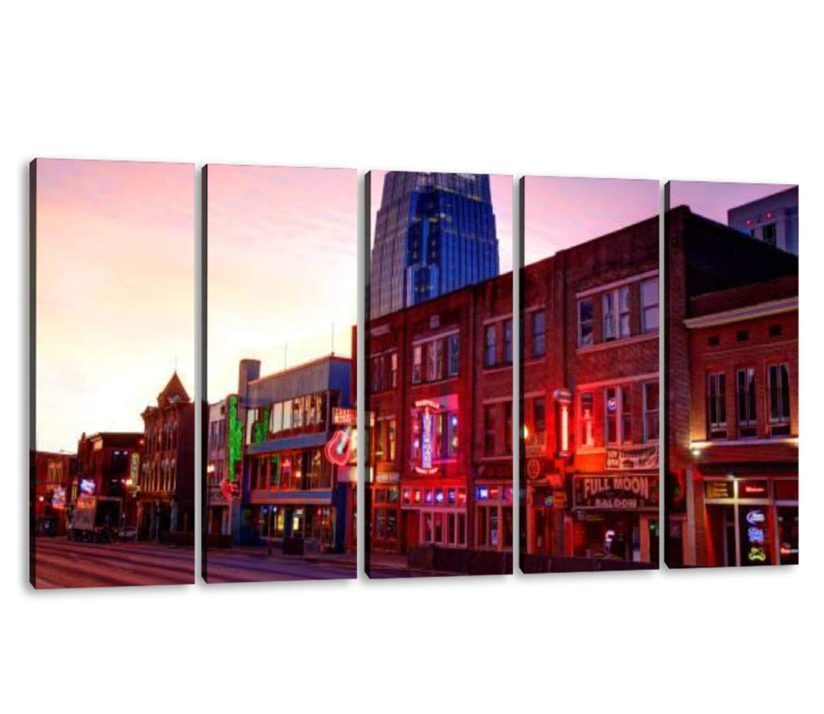 KiiAmy 5-Panel Canvas Wall Art - Broadway Nashville Tennessee Nightlife Scene - Modern Framed Painting for Office, Bedroom & Home Decor - Ready to Hang (60