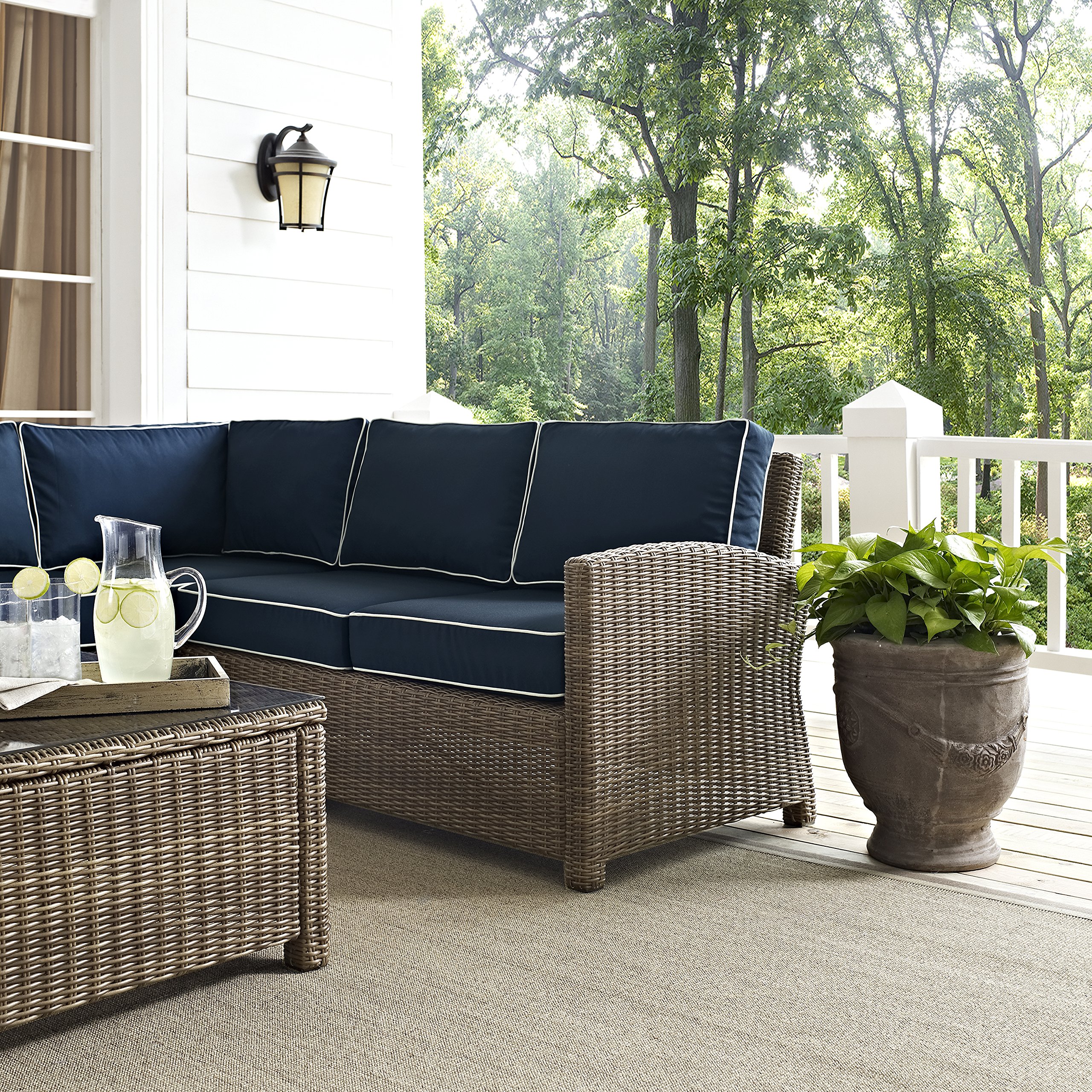 Crosley Furniture Bradenton 5-Piece Outdoor Sectional Sofa Set - All-Weather Wicker Patio Furniture with Navy Cushions for Deck, Garden & Backyard Relaxation