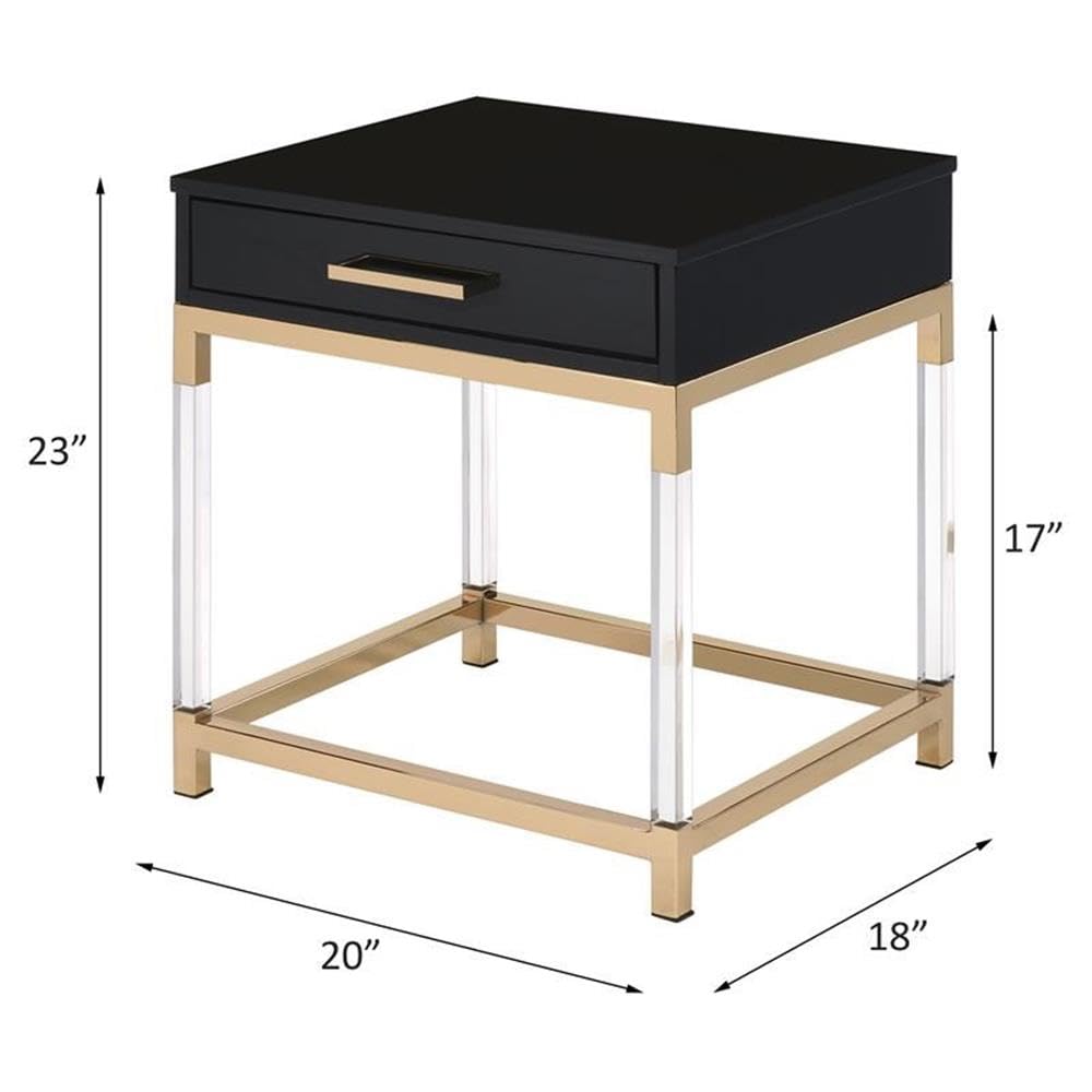 Acme Adiel Rectangular Wooden End Table with Storage Drawer - Black & Gold Nightstand for Bedroom, Living Room & Office