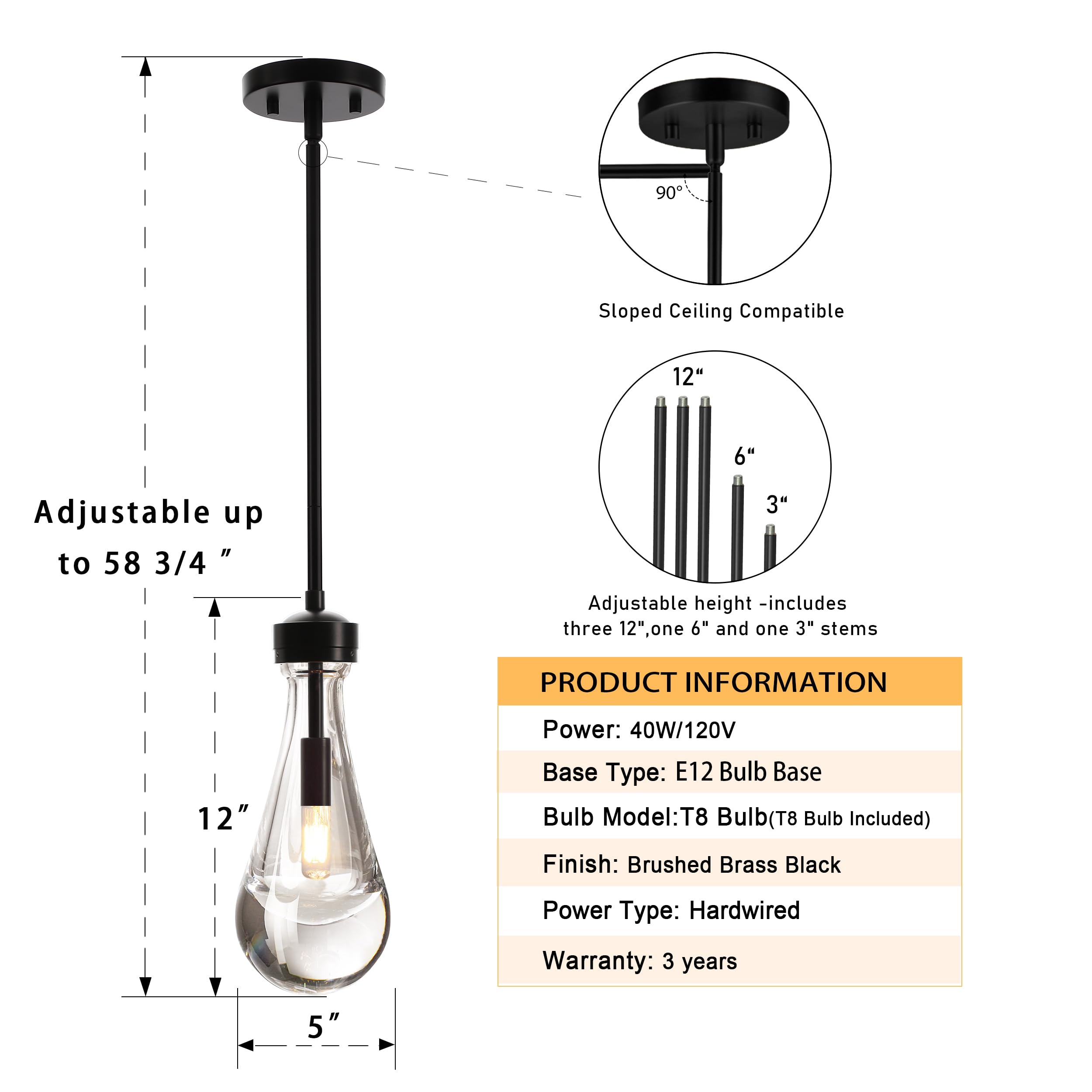 Hand-Blown Black Glass Pendant Light Fixture - Modern Raindrop Kitchen Island Lighting with Included Bulb | Perfect for Dining Tables, Kitchen Islands & Over Sinks | Durable Solid Glass Hanging Chandelier