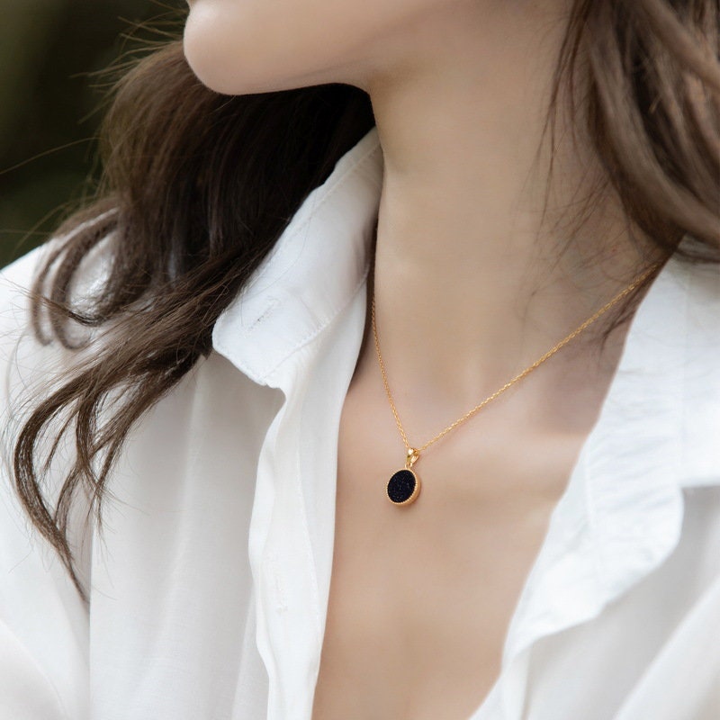 Elegant Blue Sandstone Wedding Jewelry Set - Solitaire Blue Goldstone Yellow Gold Minimalist Pendant Necklace & Stud Earrings for Brides, Engagement & Special Occasions