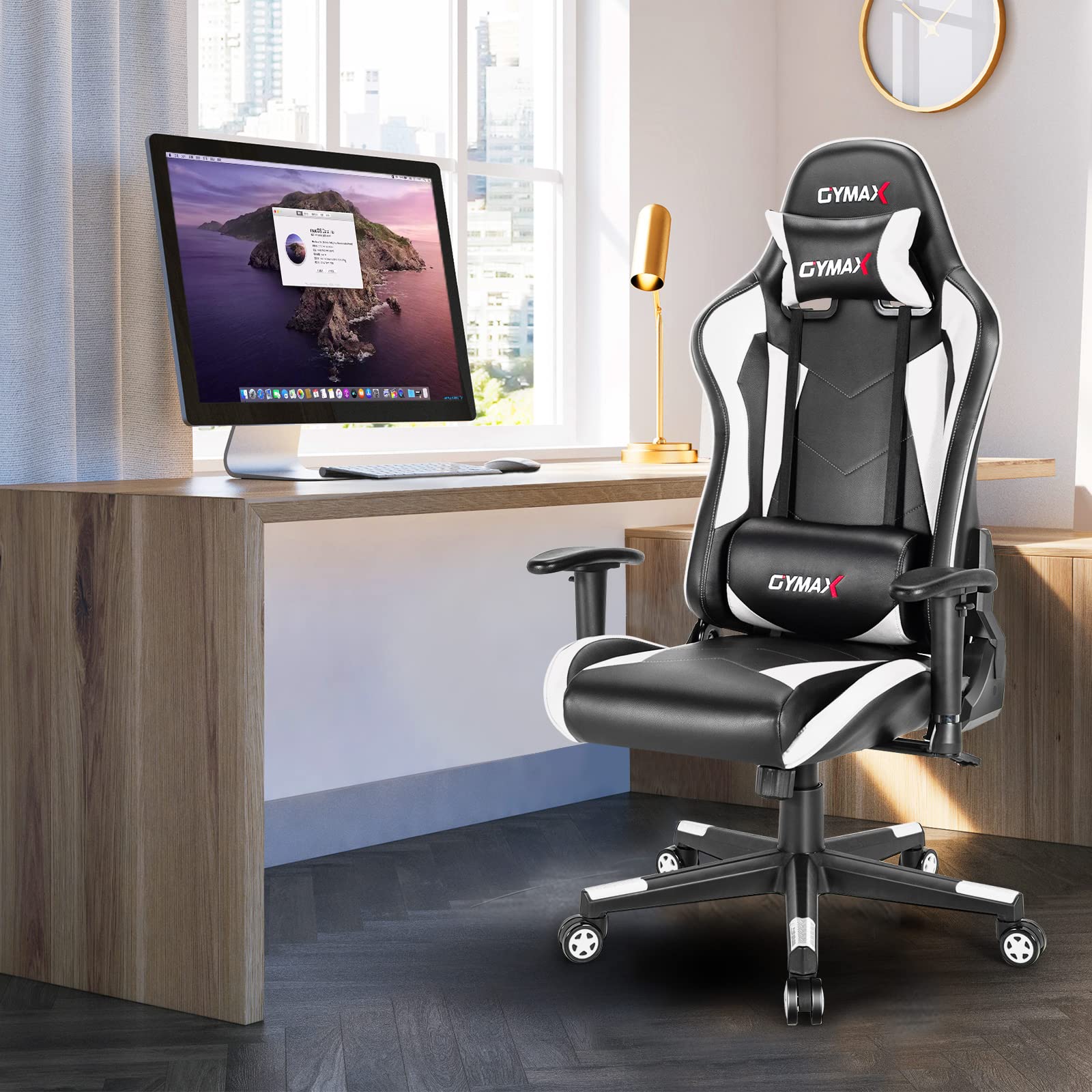 GYMAX Ergonomic Gaming Chair - Adjustable Racing Style Office Chair with Lumbar Support & Headrest, 360° Swivel, Height Adjustable for Home, Office & Gaming Setup - Perfect for Esports, Work & Leisure (White)