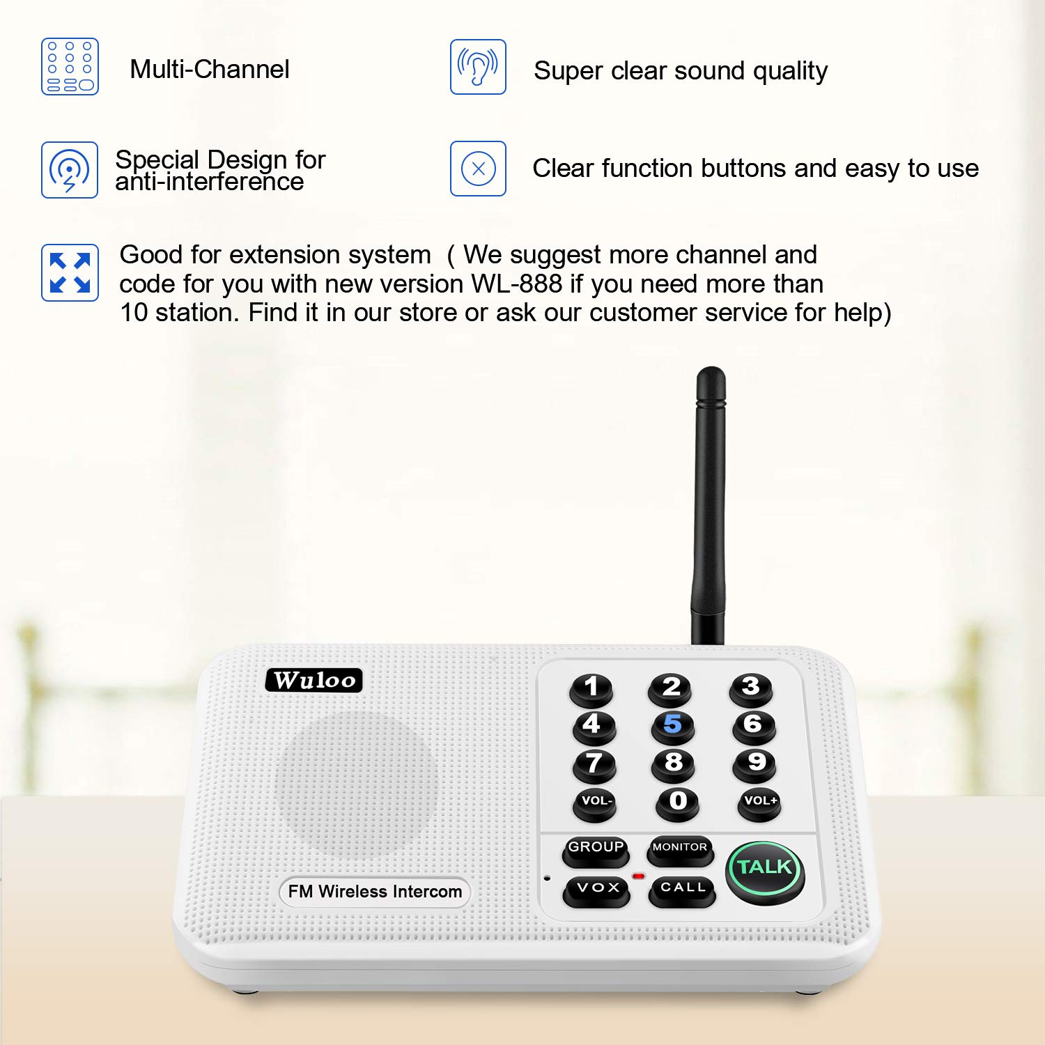 Wuloo Wireless Intercom System for Home - 5280 Feet Range, 10 Channels & 3 Codes, Long Range Walkie Talkie for House Communication (White) - Perfect for Large Homes, Offices, and Outdoor Use