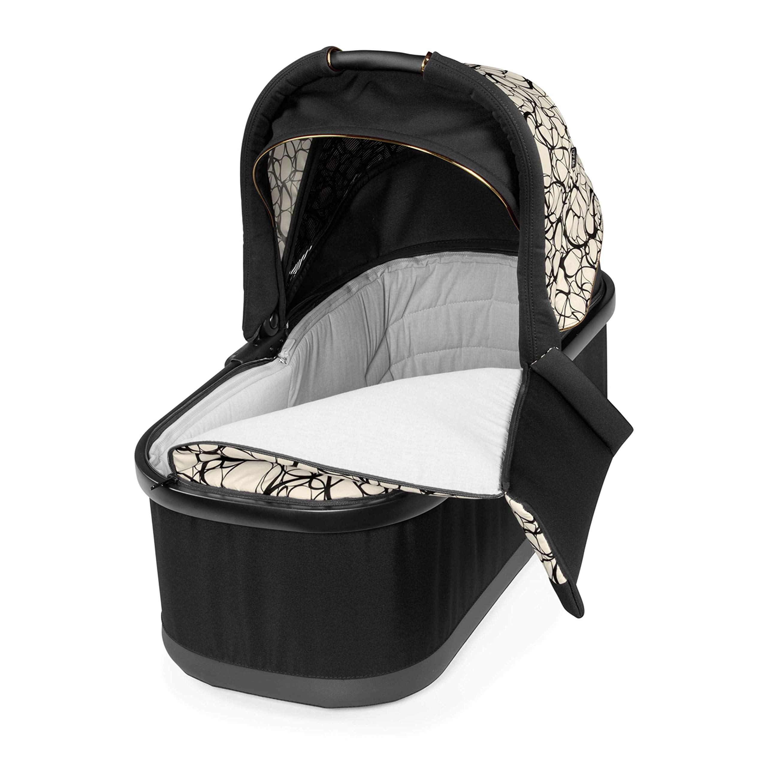Peg Perego Bassinet with Home Stand for Ypsi, Veloce, Vivace Strollers - Black & Gold Graphic Design | Safe & Comfortable Baby Sleeper for Nursery, Bedroom, Travel