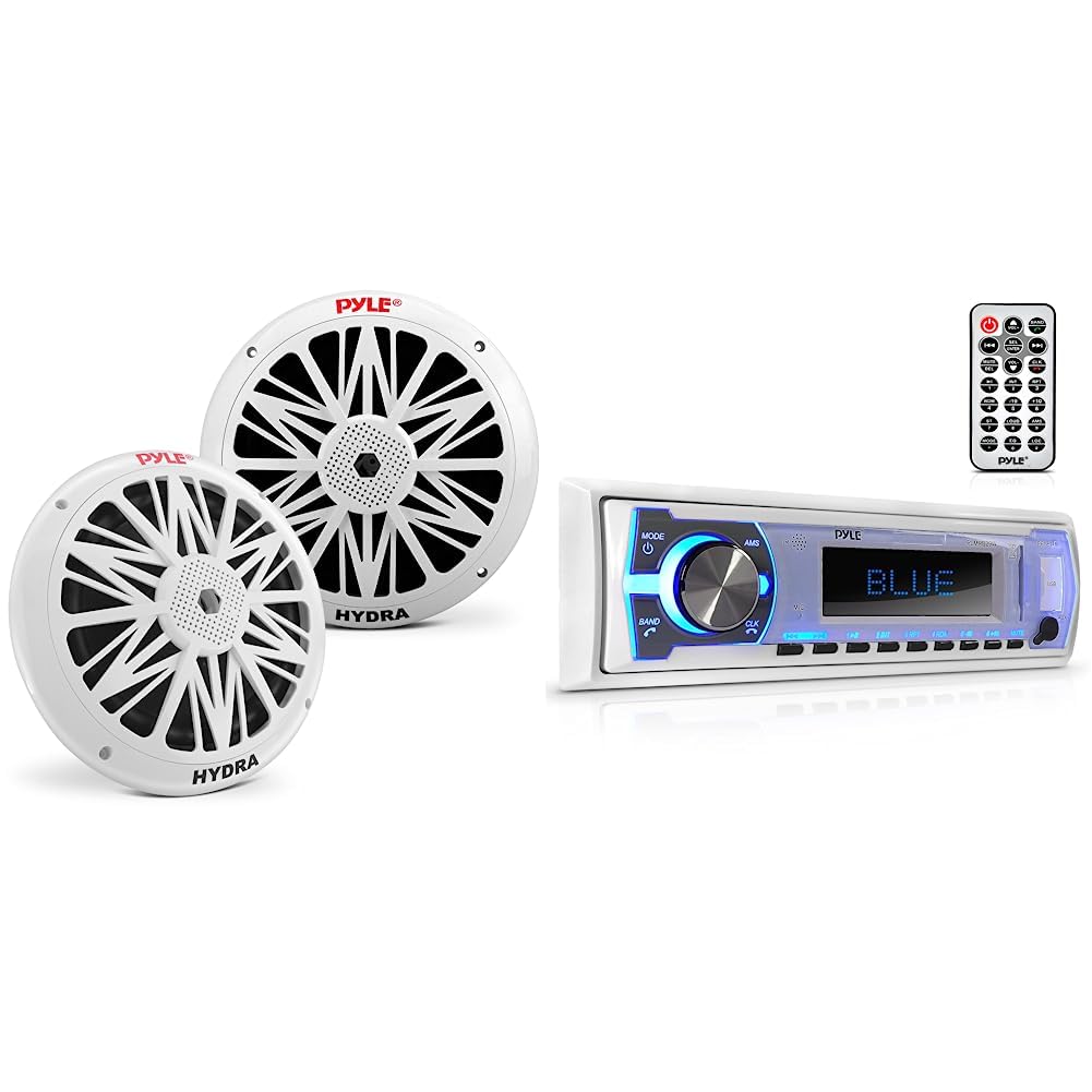 Pyle 8 Inch White Dual Marine Speakers & Bluetooth Stereo Radio - 12V Single DIN Boat Dash Receiver System with Built-in Mic for Boats, Yachts, and Marine Vehicles - Perfect for Outdoor Water Sports and Entertainment