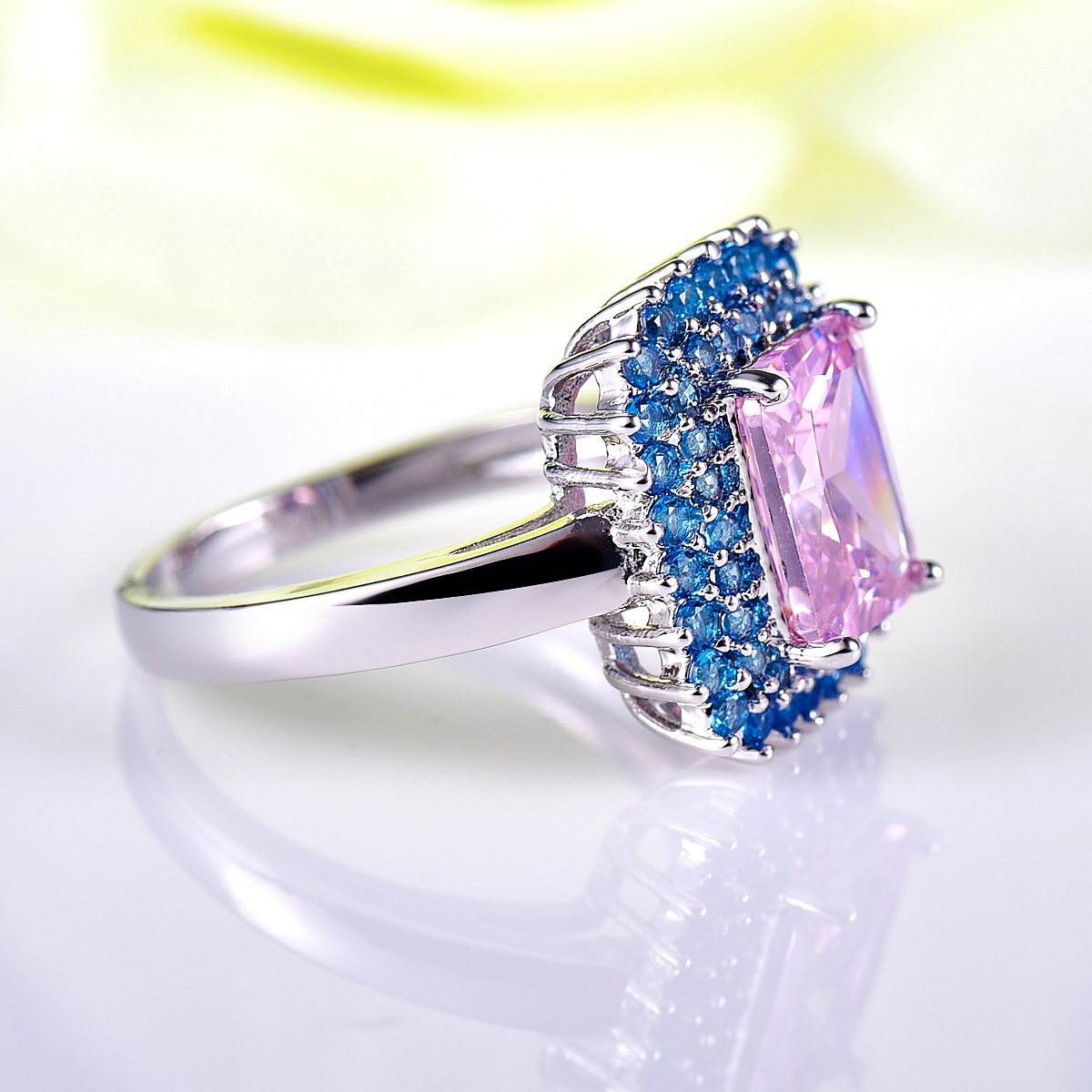 925 Sterling Silver Plated Rainbow Topaz Double Halo Ring for Women - Elegant Simulated Gemstone Jewelry for Engagement, Anniversary & Special Occasions