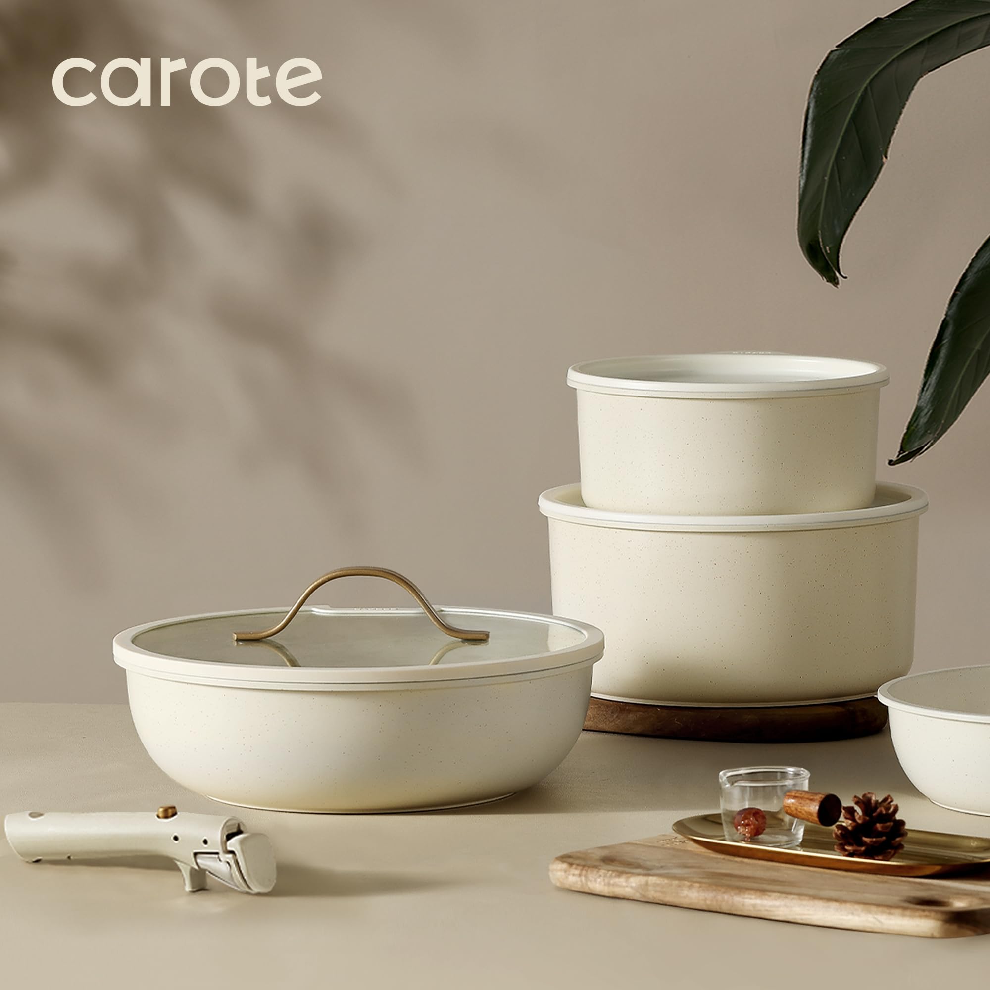 CAROTE 19-Piece Nonstick Cookware Set - Induction Compatible Pots & Pans with Detachable Handles, Oven & Fridge Safe - Gold & White Kitchen Cookware for RV, Apartment & Home Cooking
