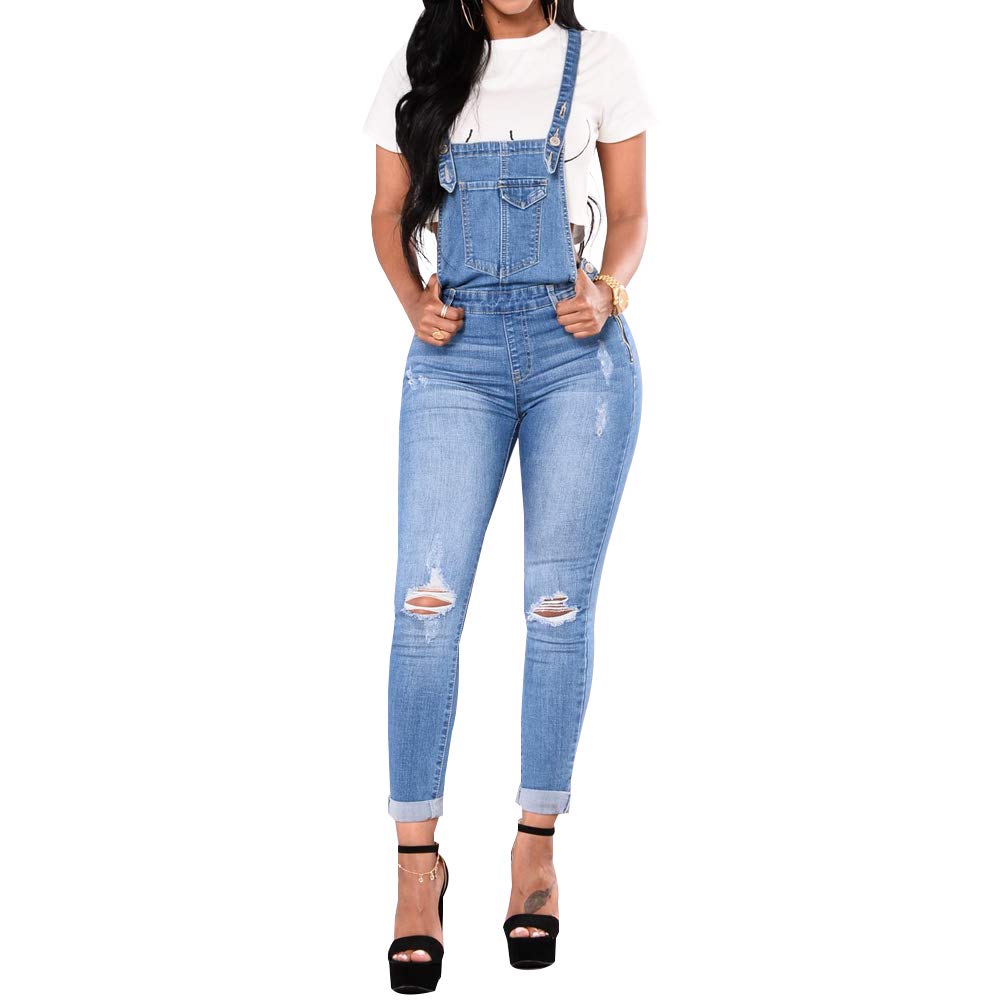 LONGBIDA Women's Skinny Ripped Denim Jumpsuit Overalls - Stretch High Waist Distressed Jeans Romper for Casual Outfits & Streetwear Fashion