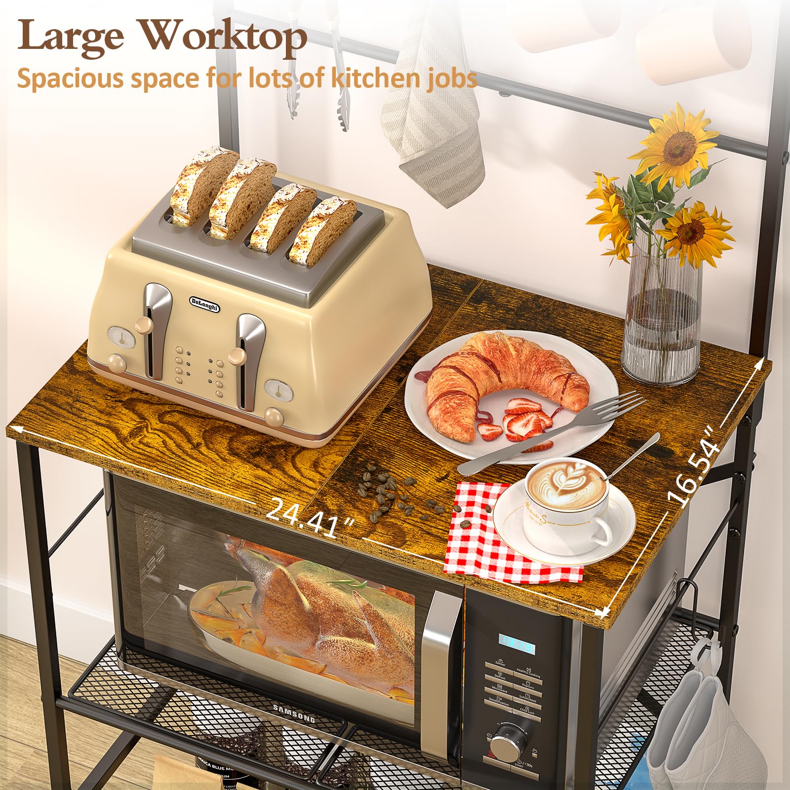 4-Tier Coffee Bar Station with 8 S-Shaped Hooks - Farmhouse Style Kitchen Baker's Rack - 24.41