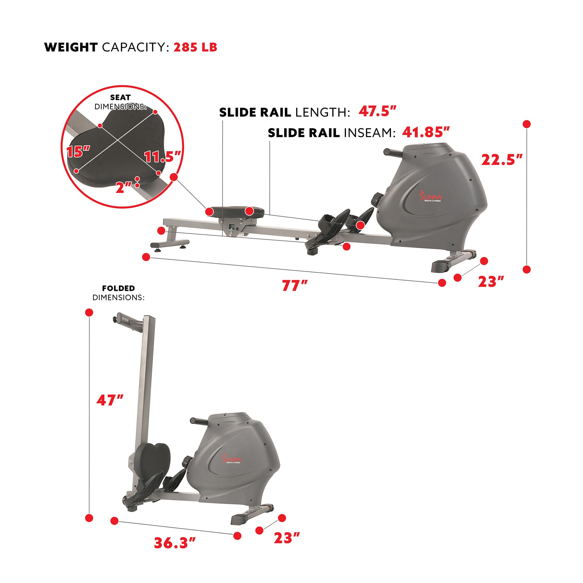Sunny Health & Fitness Magnetic Rowing Machine - Quiet Home Rower with LCD Monitor & Compact Design | Perfect for Small Spaces & Full-Body Workouts | Connects to Free SunnyFit App for Tracking Progress