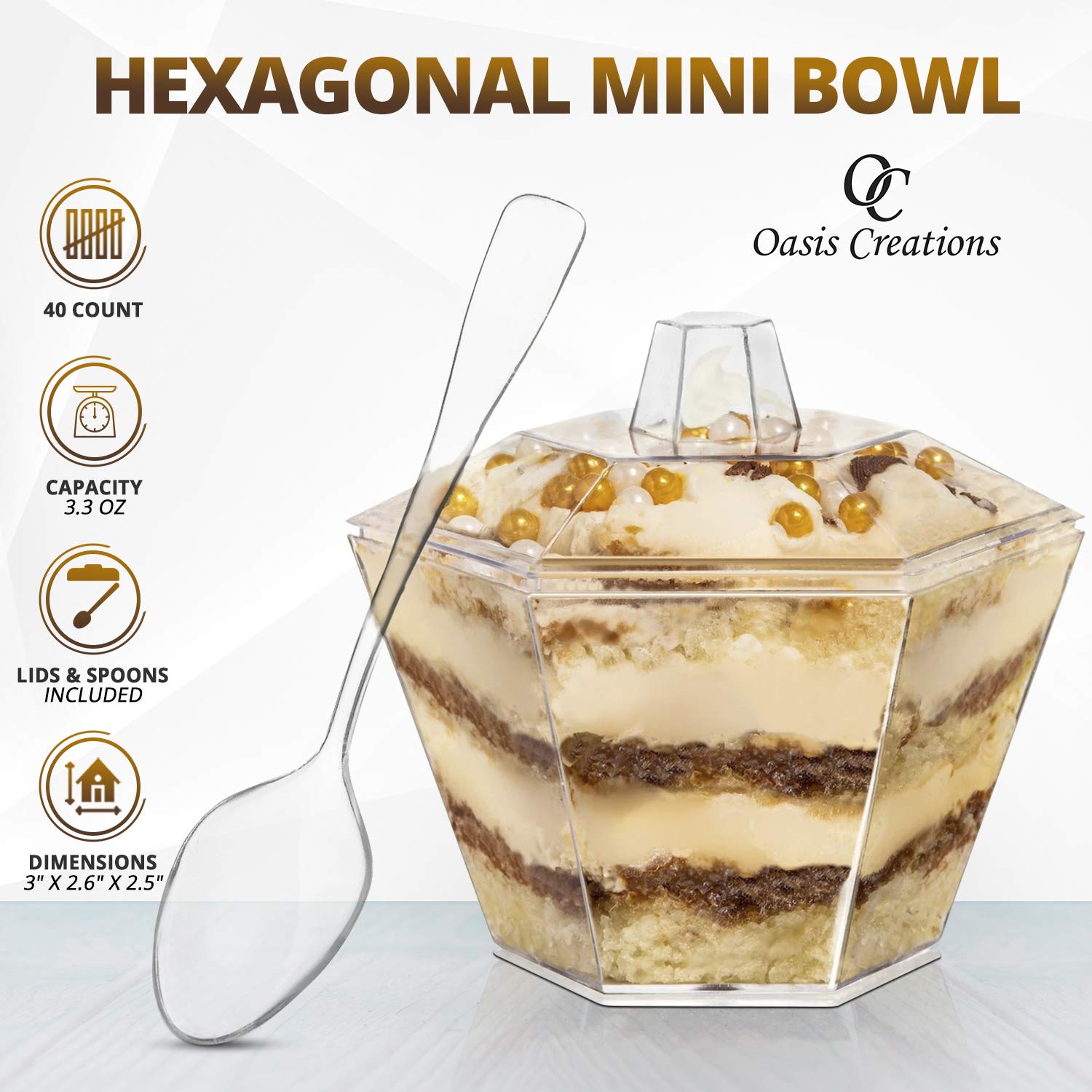 320-Pack Hexagonal Mini Dessert Bowls with Lids & Spoons - 3.3oz Clear Plastic Flower-Shaped Snack Cups - Disposable/Reusable Serving Bowls for Parties, Catering, Ice Cream, Candy, and Small Bites