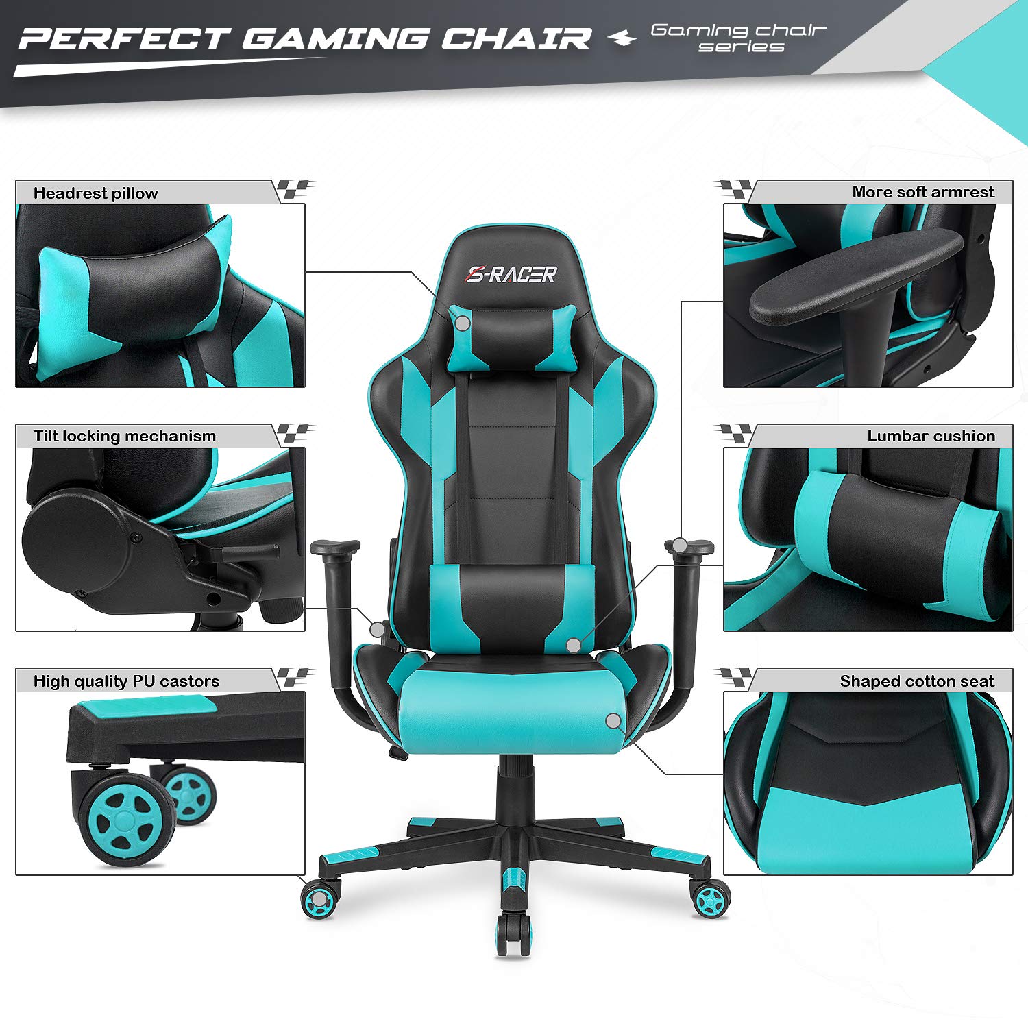 **Furniwell Ergonomic Gaming Chair - High Back PU Leather Office Chair with Adjustable Headrest & Lumbar Support, Swivel Computer Desk Chair for Home & Office Use (Cyan) - Perfect for Gaming, Working & Studying**