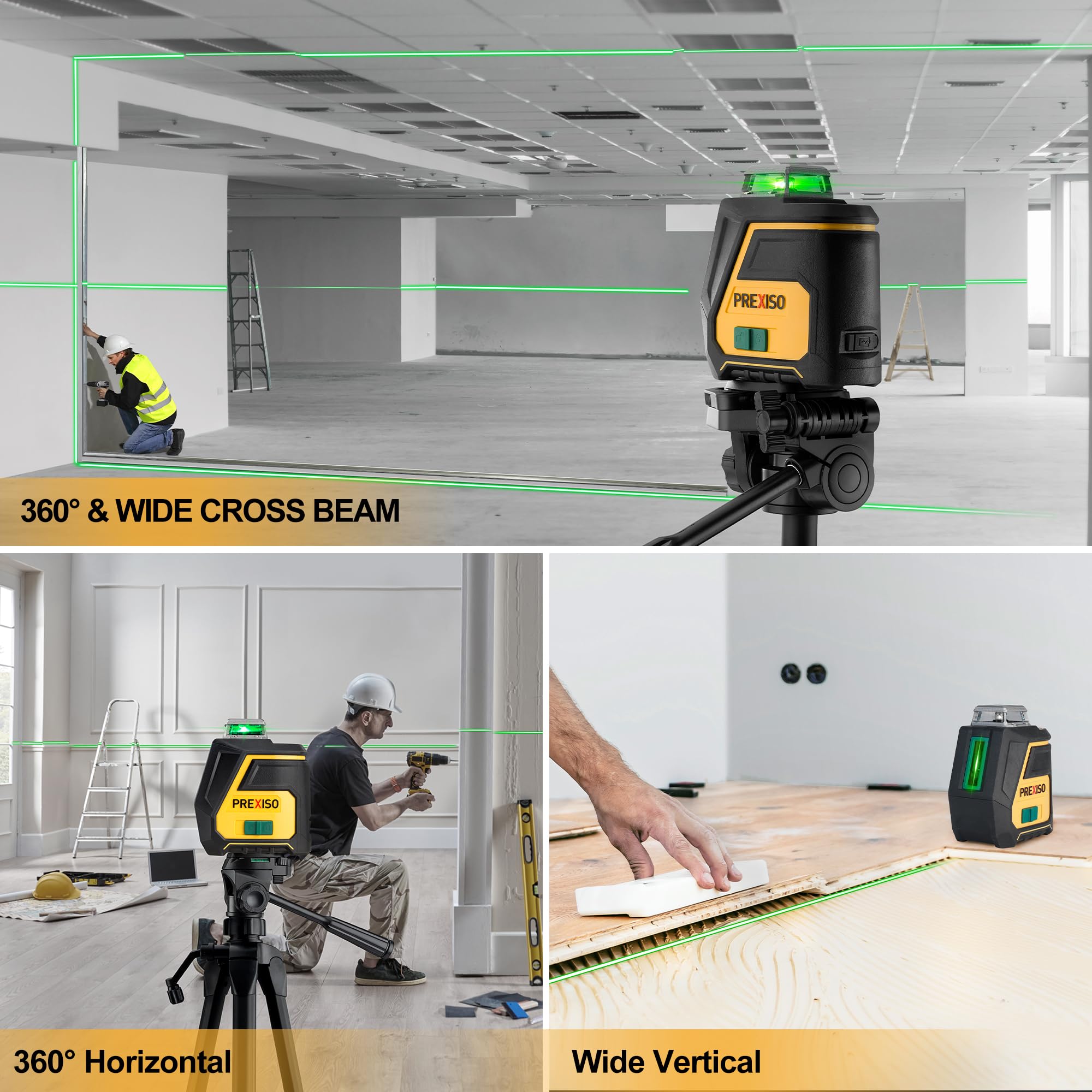 PREXISO 360° Self-Leveling Green Laser Level with Tripod - IP54 Waterproof Rechargeable Cross Line Laser, 100Ft Range & 3 Brightness Adjustments for Construction, Floor Tiling, Wall Alignment - Perfect for Home Renovation, DIY Projects and Professional Building Work