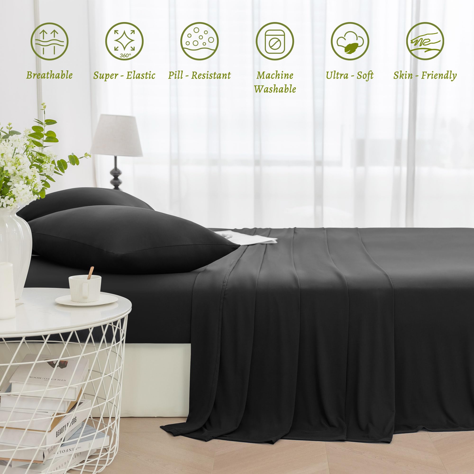 StretchSnug Queen Size Sheet Set - Deep Pocket Fitted Sheets with Corner Straps, Non-Slip Stay-on Design - 4 Piece Bedding Set in Black - Perfect for Adjustable Beds, Memory Foam Mattresses & Guest Rooms