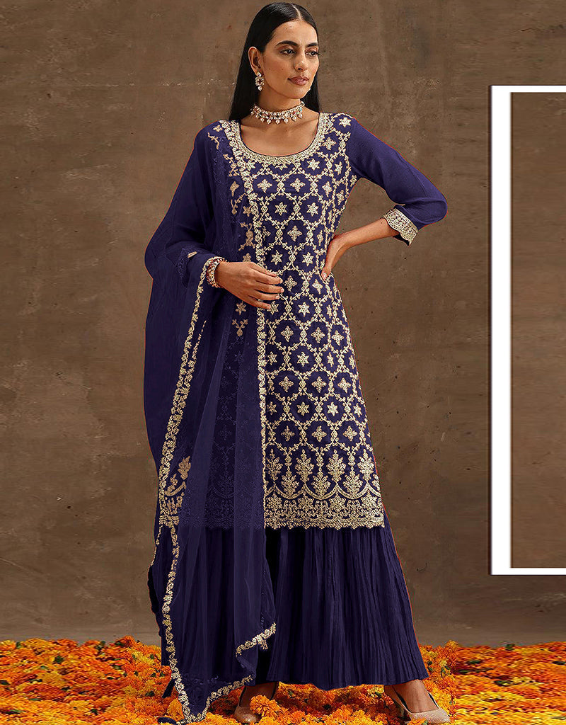 Royal Blue Faux Georgette Palazzo Pants for Women - Flowy Wide Leg Straight Trousers for Casual Wear, Office & Special Occasions