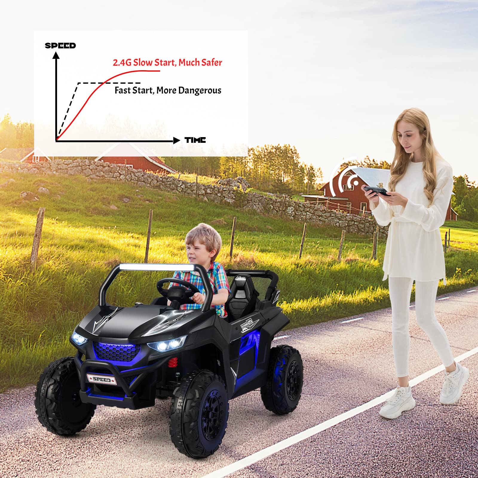 OLAKIDS 12V Kids Electric Ride On Car - 2 Seater UTV with Parent Remote Control, Spring Suspension & Bluetooth Music | Battery Powered Toy Vehicle for Boys & Girls Ages 3-8 | Perfect for Outdoor Play, Birthday Gifts & Backyard Fun (Jet Black)