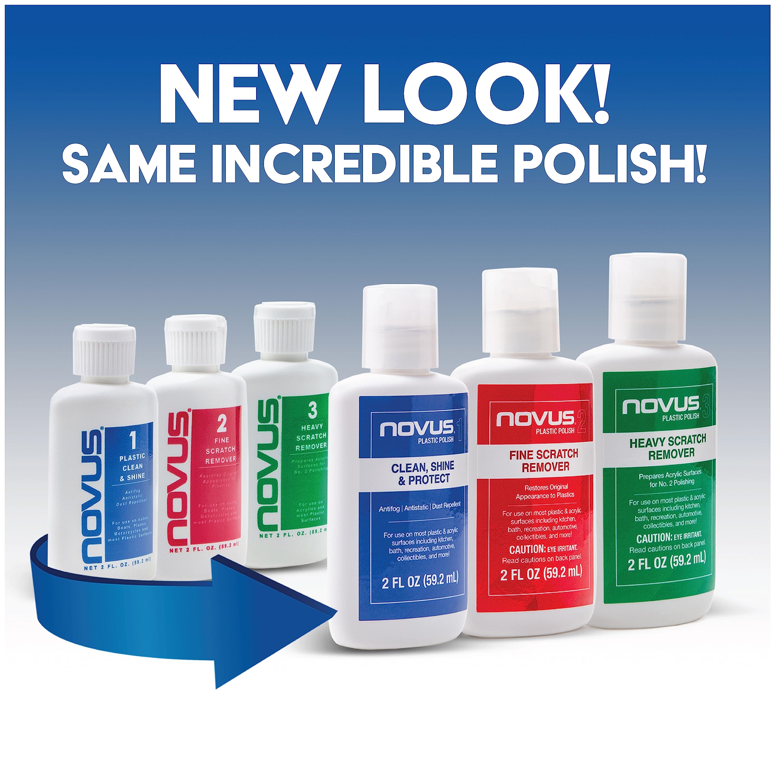 NOVUS-PK1-2 Plastic Clean & Shine Kit - Fine & Heavy Scratch Remover with Polish Mates Pack (2oz Bottles) | Car Detailing, Motorcycle Care, Boat & RV Maintenance