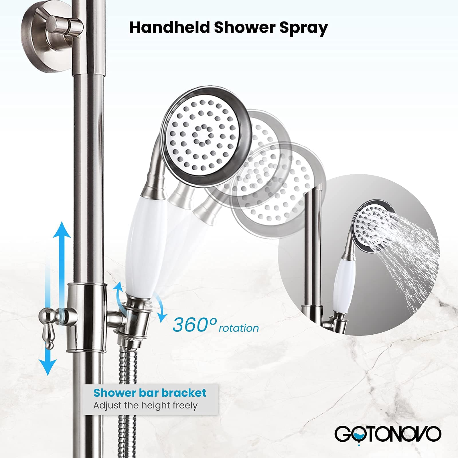 Gotonovo 8 Inch Rainfall Shower System - Brushed Nickel Wall Mount Exposed Shower Faucet with Tub Spout, Handheld Spray & Double Cross Handles (No Shelf) - Perfect for Outdoor Showers, Bathroom Renovations & Spa-Like Experience