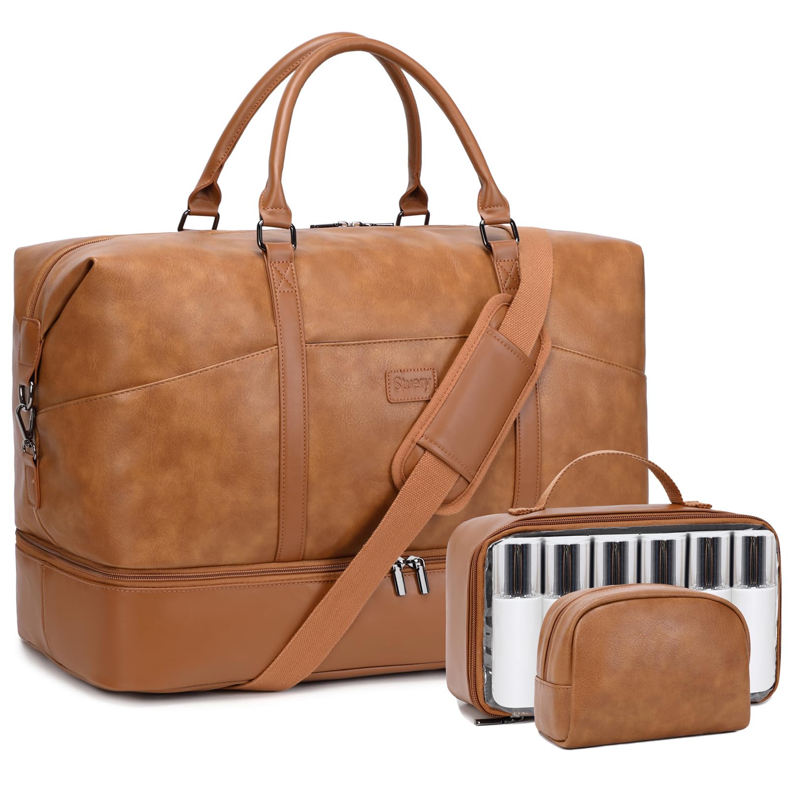 Women's Faux Leather Weekender Bag - Large Travel Duffel Carry On with Shoe & Laptop Compartment - Perfect for Overnight Trips, Airplane Travel, Gym & Weekend Getaways (Brown)