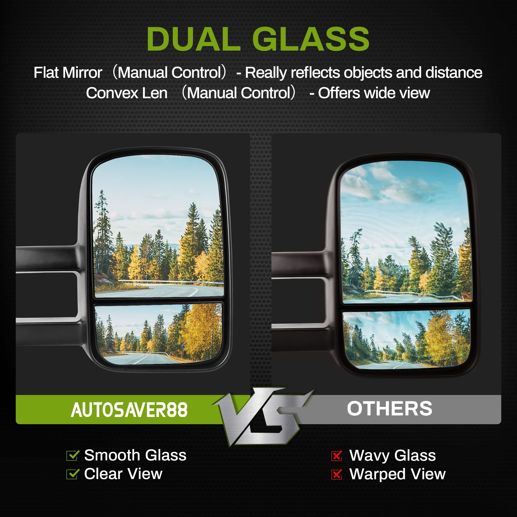 AUTOSAVER88 Manual Telescoping Towing Mirrors for 1999-2007 Chevy Silverado & GMC Sierra 1500/2500/3500 (07 Classic Only) | Fits 2000-2006 Suburban Tahoe Yukon | Durable Side Tow Truck Mirrors for Enhanced Visibility & Safety | Perfect for Towing, Camping & Off-Road Adventures