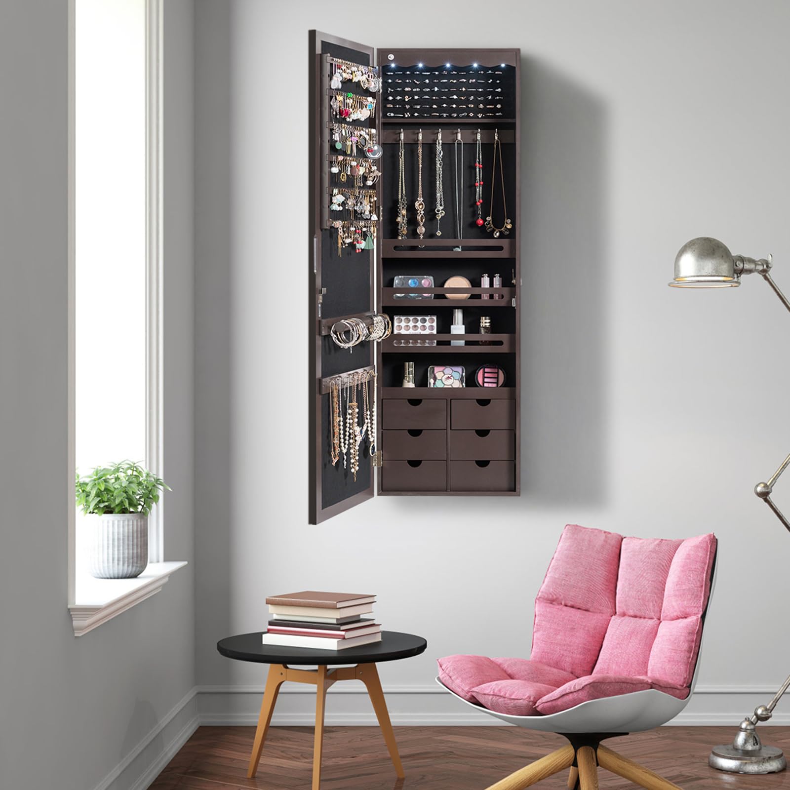 COSTWAY Jewelry Organizer with Mirror - 6 Drawers, 5 LED Lights, Lockable Storage Cabinet for Wall or Door Mount - Perfect for Bedroom, Closet & Vanity (Brown)