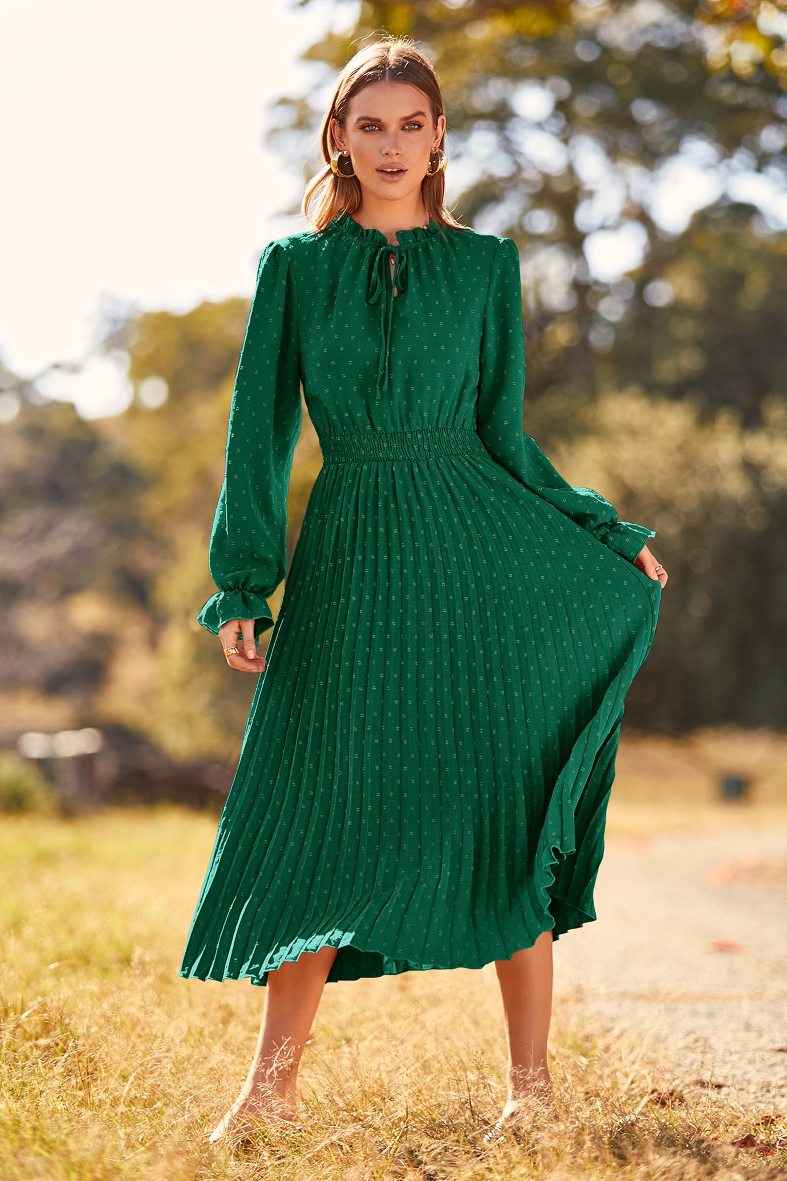 PRETTYGARDEN Women's Swiss Dot Pleated Midi Dress - Long Sleeve V-Neck A-Line Flowy Casual Dress for Spring Fall 2025 | Perfect for Office, Date Night & Special Occasions