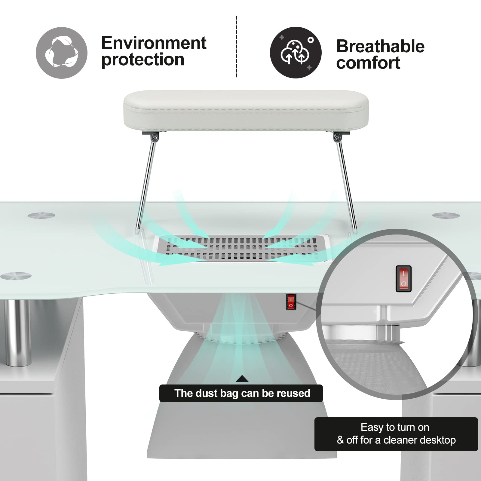 Paddie Professional Manicure Table with Tempered Glass Top, Foldable Armrest, Lockable Wheels & Storage Drawers - White | Portable Nail Salon Station for Home & Professional Use