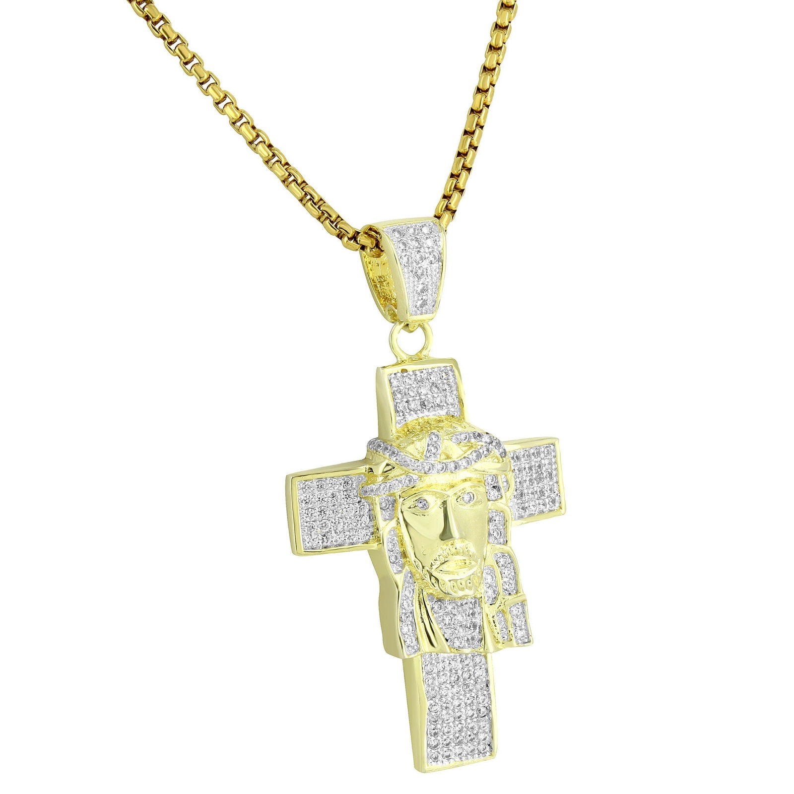 Jesus Face On The Cross Pendant Necklace - 14K Gold Plated Chain with Simulated Diamonds, 24 Inch - Perfect for Religious Gifts, Baptism, Confirmation & Everyday Faith Jewelry