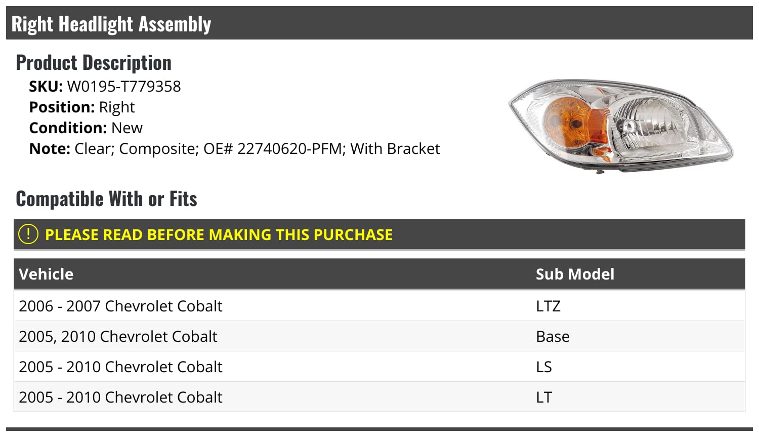 Right Passenger Side Headlight Assembly for 2005-2010 Chevy Cobalt - Replacement Headlamp with OEM Fit - Perfect for Night Driving & Foggy Conditions