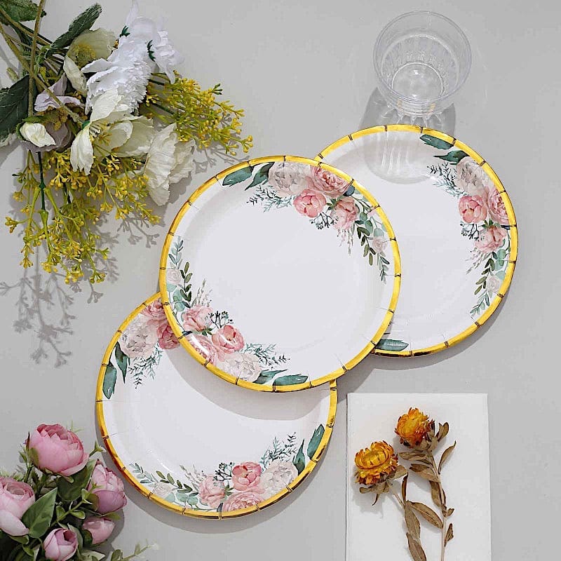 25 White Round Disposable Paper Plates with Elegant Floral Design & Gold Trim - Perfect for Weddings, Parties, and Special Occasions