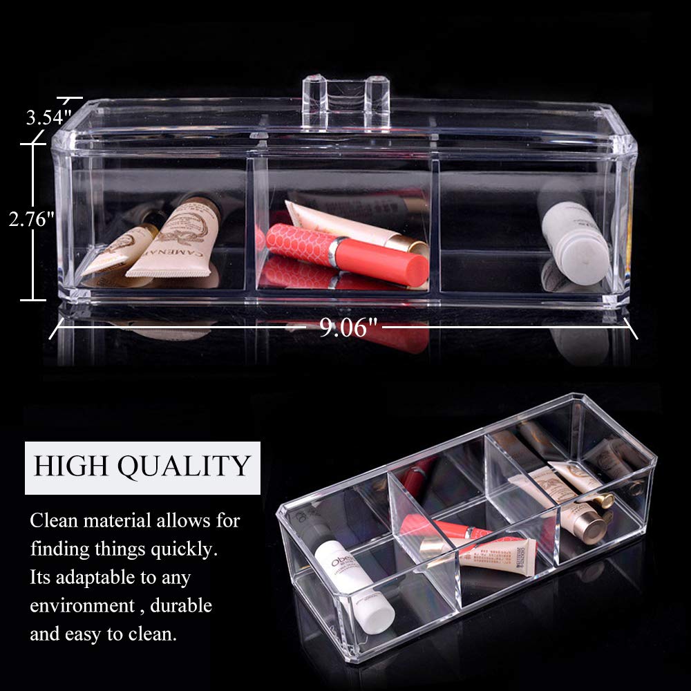 Acrylic Cotton Ball & Swab Organizer - 3 Compartment Dustproof Container for Makeup & Cosmetics - Bathroom & Vanity Storage