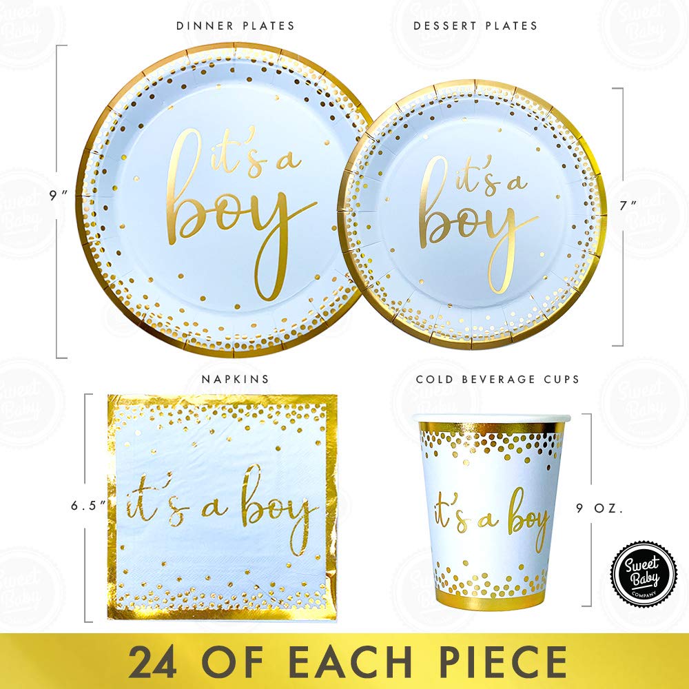 Sweet Baby Co. Oh Baby Boy Shower Party Supplies Set - 24-Pack Light Blue & Gold Its a Boy Paper Plates, Napkins, Cups - Gender Reveal & Baby Shower Tableware Decorations for Birthday Celebrations - Perfect for Baby Showers, Gender Reveal Parties & Newborn Celebrations