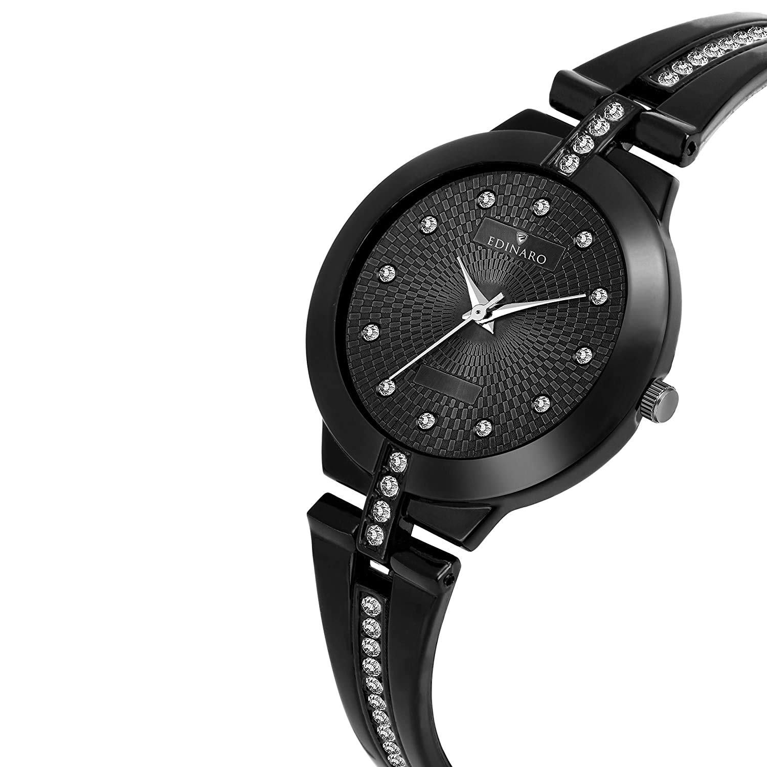 Stylish EDINARO Women's Watches with Round Studded Dial - Analog Quartz Movement, Long Battery Life, Stainless Steel Adjustable Bracelet & Double Lock Clasp | Perfect for Office, Date Night & Everyday Wear