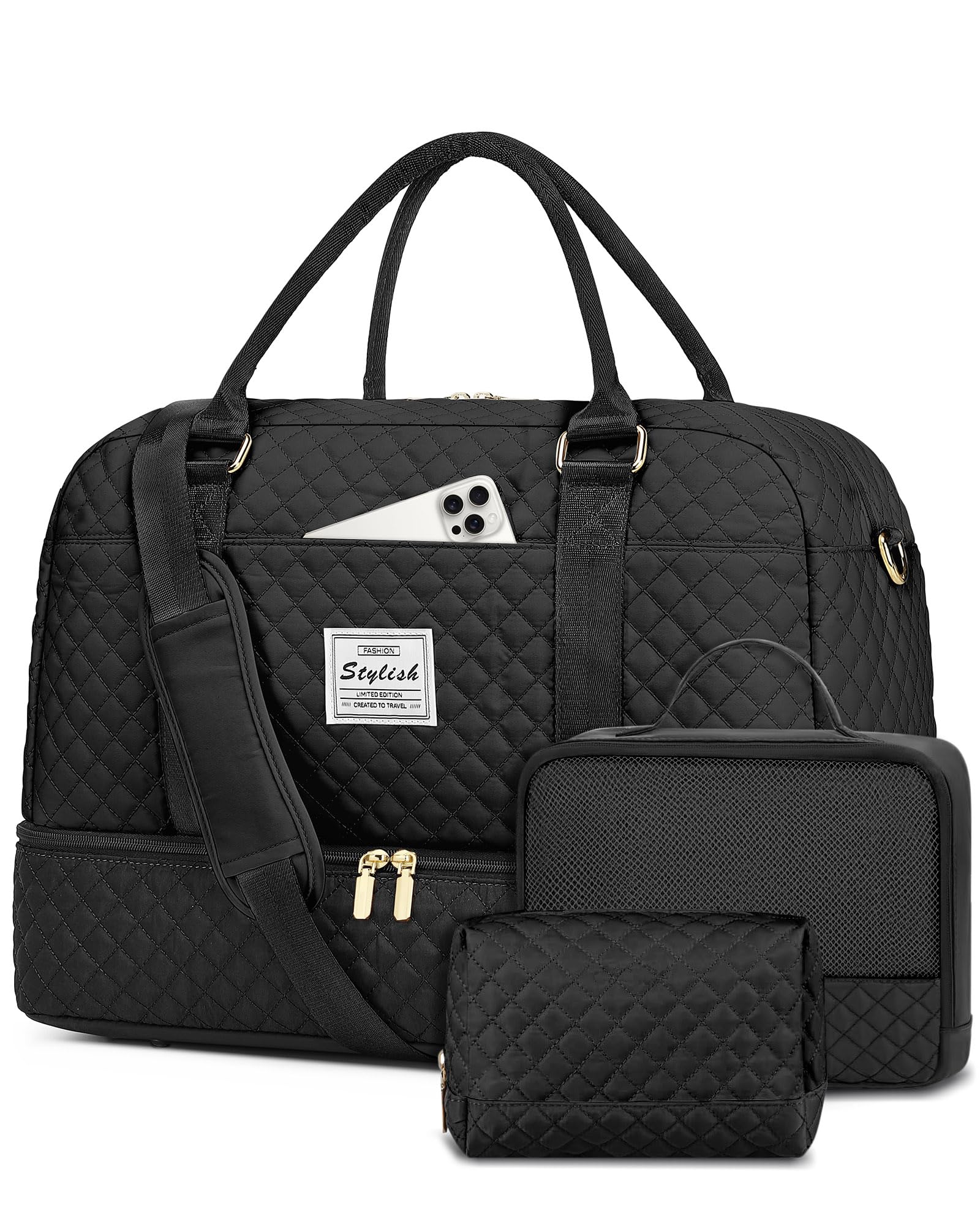 Women's Travel Weekender Bag with Shoe Compartment & Wet Pocket - Gym Yoga Duffel Carry On Overnight Bag for Hospital Labor Delivery - Perfect for Travel, Workout, Maternity & Weekend Getaways (Black)