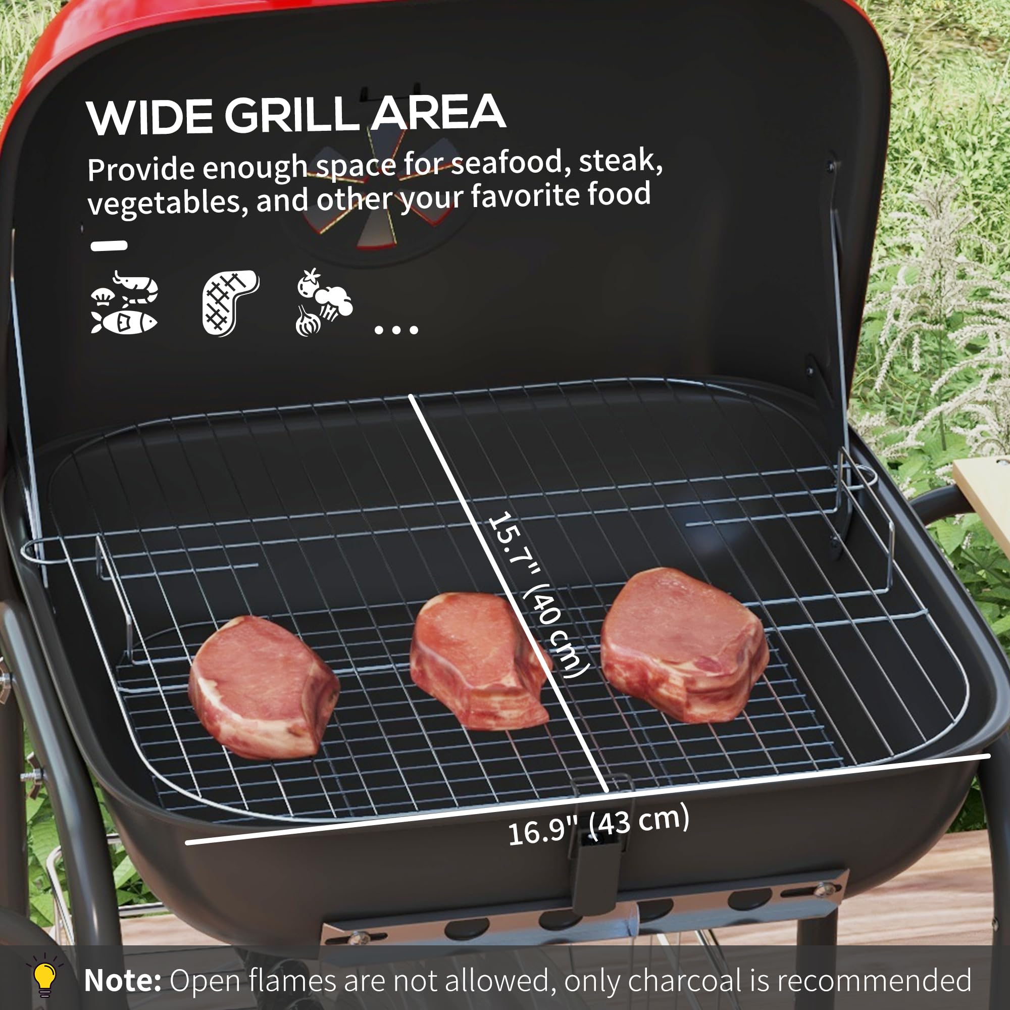Outsunny 17 Inch Portable Charcoal Grill with Wheels, 2 Side Tables & Bottom Shelf - Adjustable Vents BBQ for Picnic, Camping, Backyard Cooking (Red) | Perfect for Outdoor Grilling, Tailgating & Family Gatherings