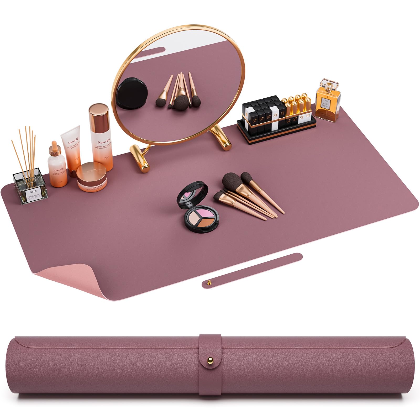 Noverlife Large Leather Makeup Table Mat - 31.5x15.7 Inch Vanity Desk Cover, Easy Clean Counter Protector for Laptop, Writing & Crafts | Waterproof Desk Pad for Home & Office (Pink & Purple) | Perfect for Beauty Stations, Work Desks & Creative Spaces