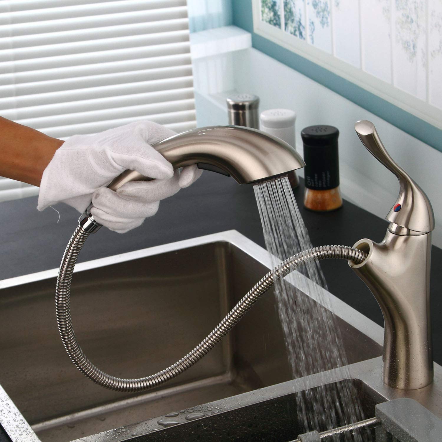 Homelava 360° Rotatable Pull Out Kitchen Faucet - Brushed Nickel One-Handle Low Arc Sink Faucet with Classic Stainless Steel Design | Perfect for Modern Kitchens, Dishwashing & Food Prep Areas