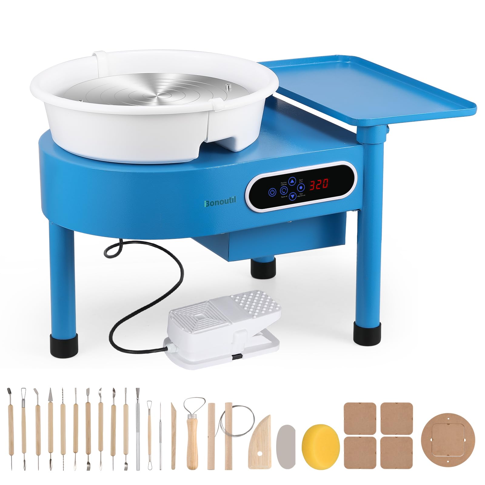 Bonoutil 12-Inch Electric Pottery Wheel with LCD Display & Foot Pedal - 0-320 RPM Adjustable Speed, 20 lbs Capacity, Includes 20-Piece DIY Sculpting Tools & Bat System - Perfect for Ceramic Art, Clay Modeling, and Pottery Classes for Adults & Beginners