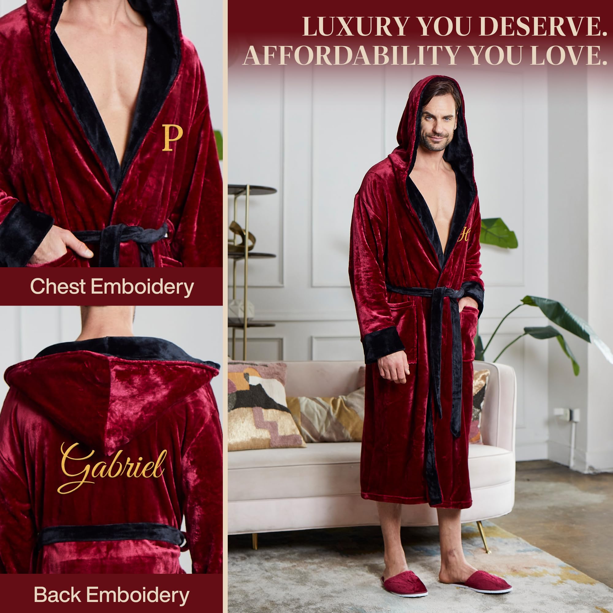 Premium Men's Plush Hooded Bathrobe - Ultra Soft Linen Long Robe for Spa, Lounge & Home Relaxation - Luxury Terry Cloth Robe for Men - Perfect for Bath, Hotel & Gift Giving