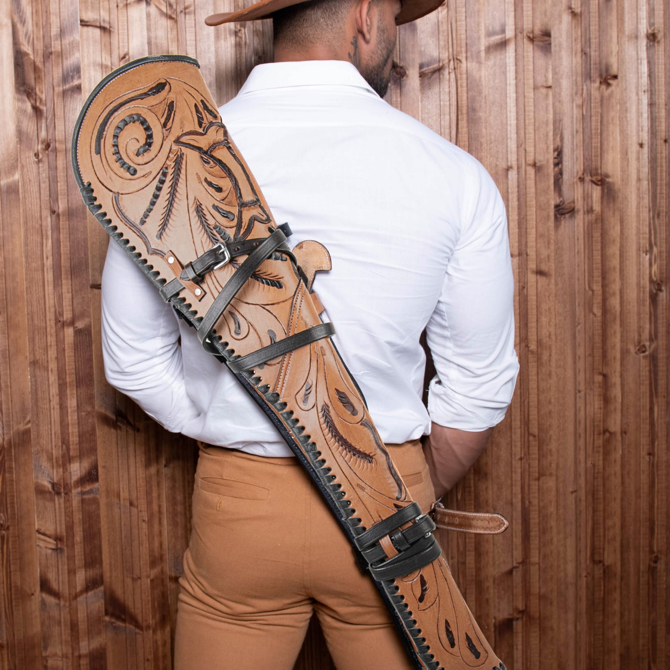 Hulara Genuine Leather Rifle Scabbard - Lever Action Shotgun Case with Padded Interior Protection for Henry Big Boy Rifle - Western Hunting, Horseback Riding & Outdoor Shooting Accessories