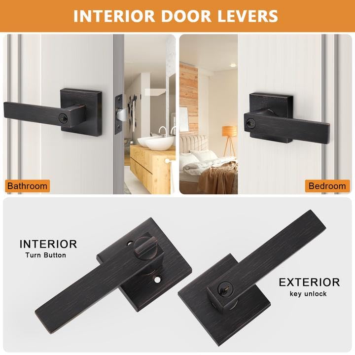 Probrico 10 Pack Keyed Entry Lever Door Handles with Lock & Different Keys - Square Locking Leverset for Front Door or Office - Heavy Duty Oil Rubbed Bronze - Right & Left Handed Installation - Perfect for Home Security, Office Privacy & Commercial Buildings
